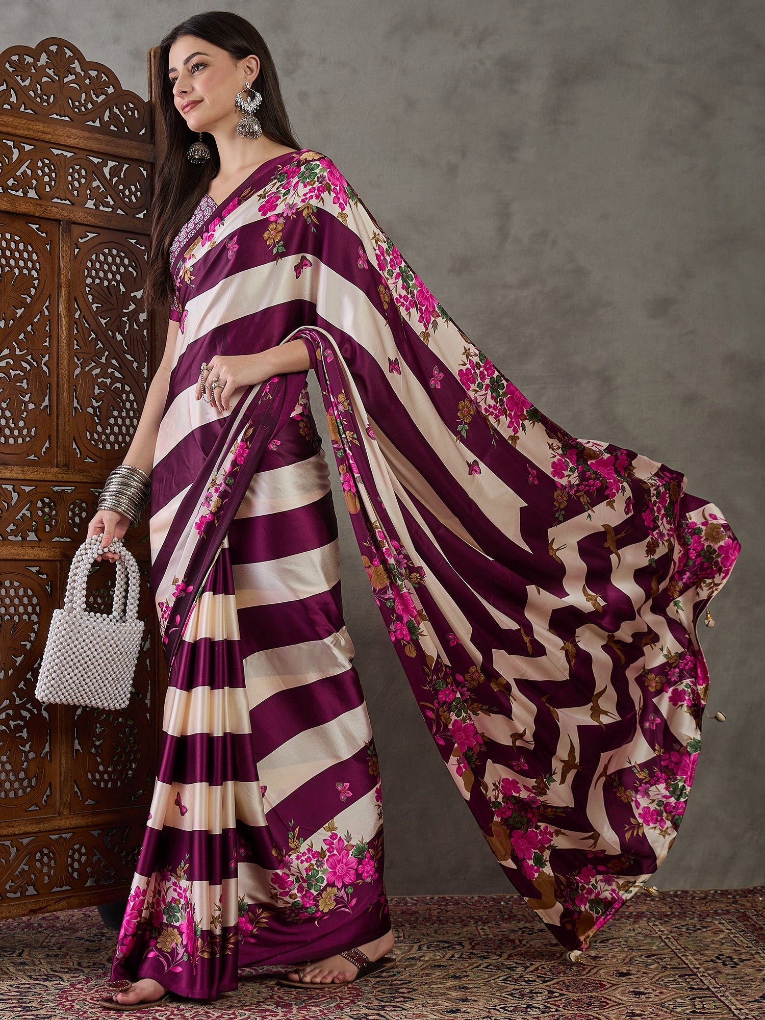 Opulent Wedding Wear Satin Silk Floral Print Designer Saree For Occasion