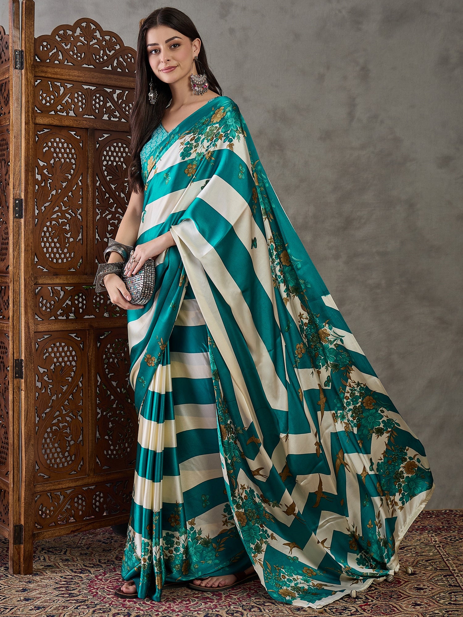 Opulent Wedding Wear Satin Silk Floral Print Designer Saree For Occasion