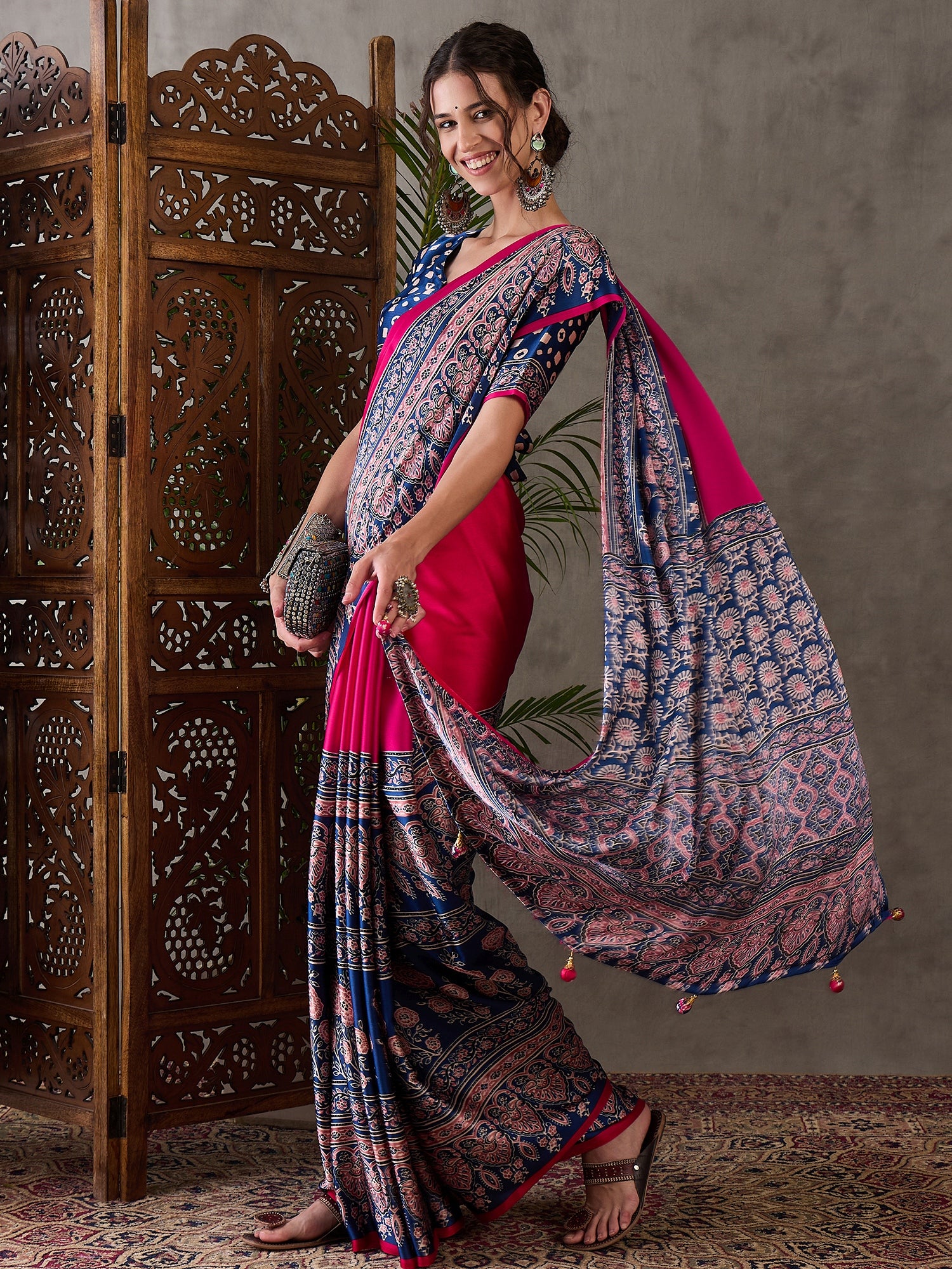 Desiring Festive Wear Satin Silk Ajrak Print Rich Pallu Fancy Saree With Unstitched Blouse Piece