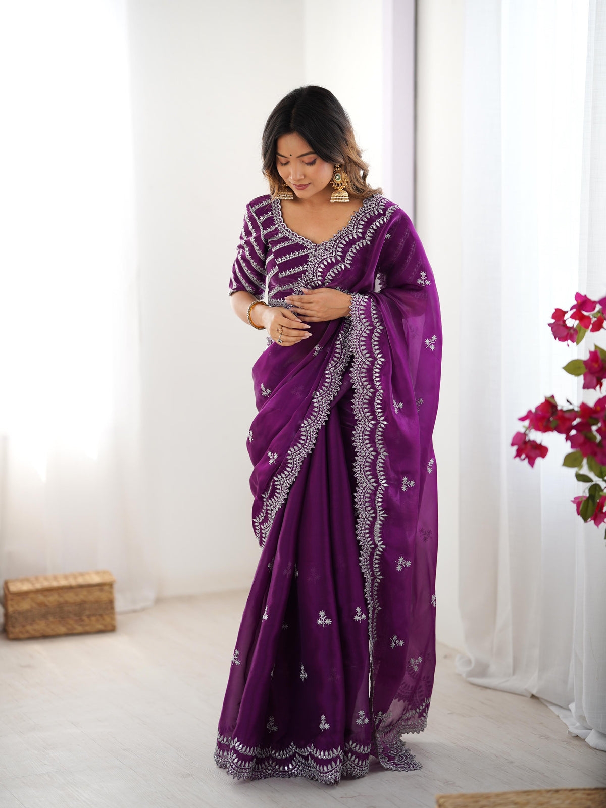 Desirable Party Wear Silk Thread n Sequence Work Fancy Designer Saree With Unstitched Blouse