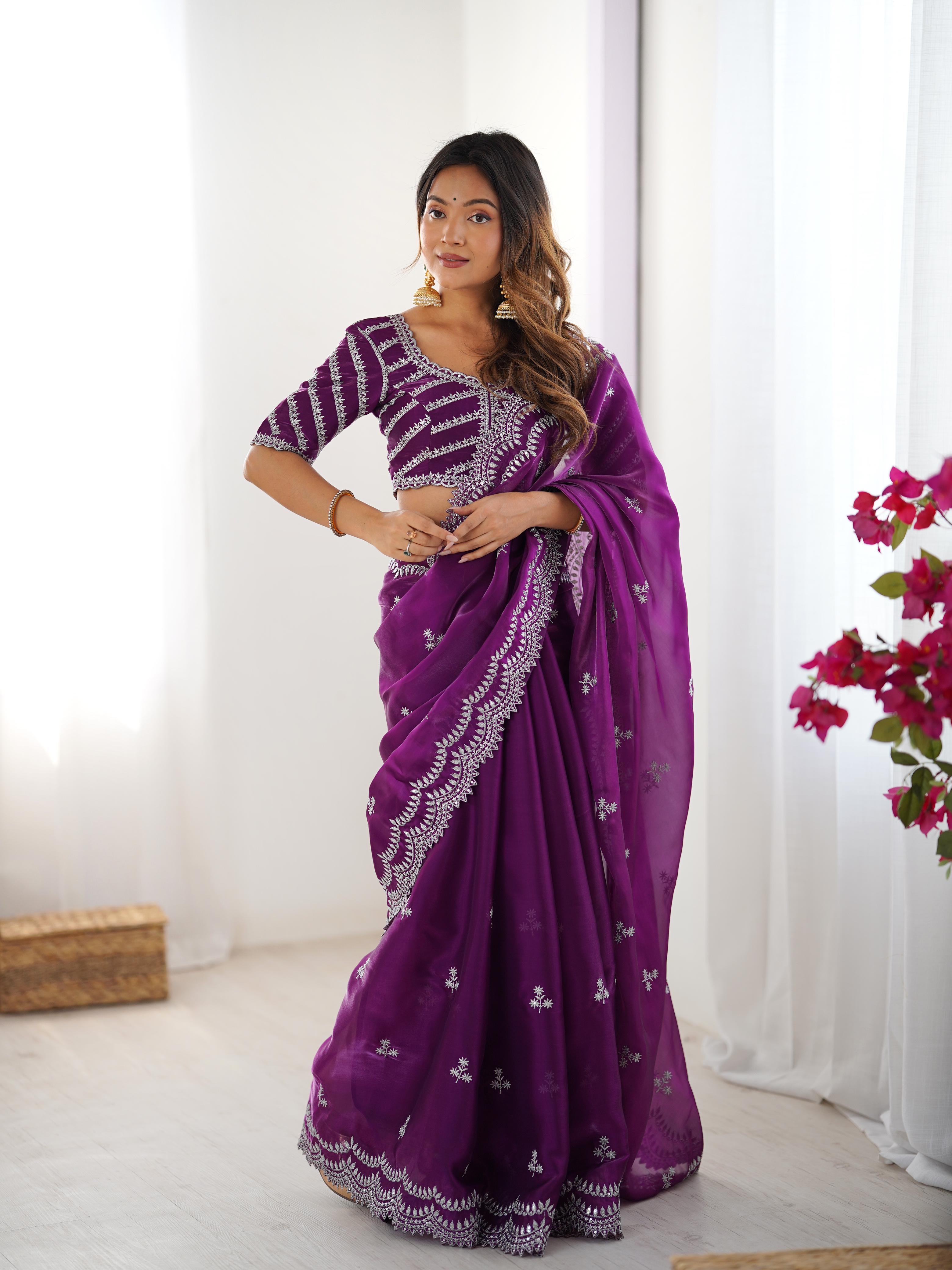 Desirable Party Wear Silk Thread n Sequence Work Fancy Designer Saree With Unstitched Blouse