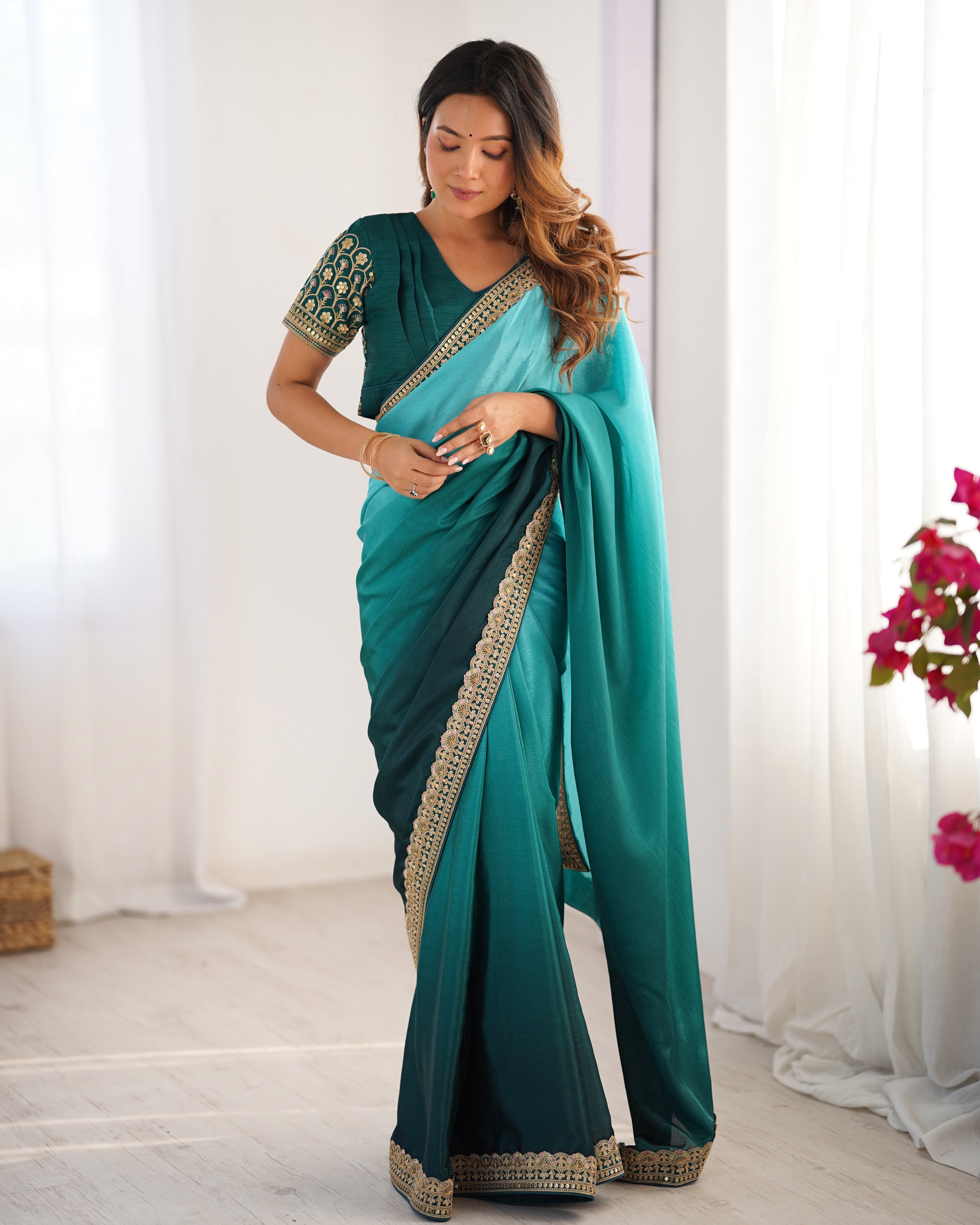 Adorable Function Wear Silk Thread n Sequence Work Fancy Designer Saree With Unstitched Blouse