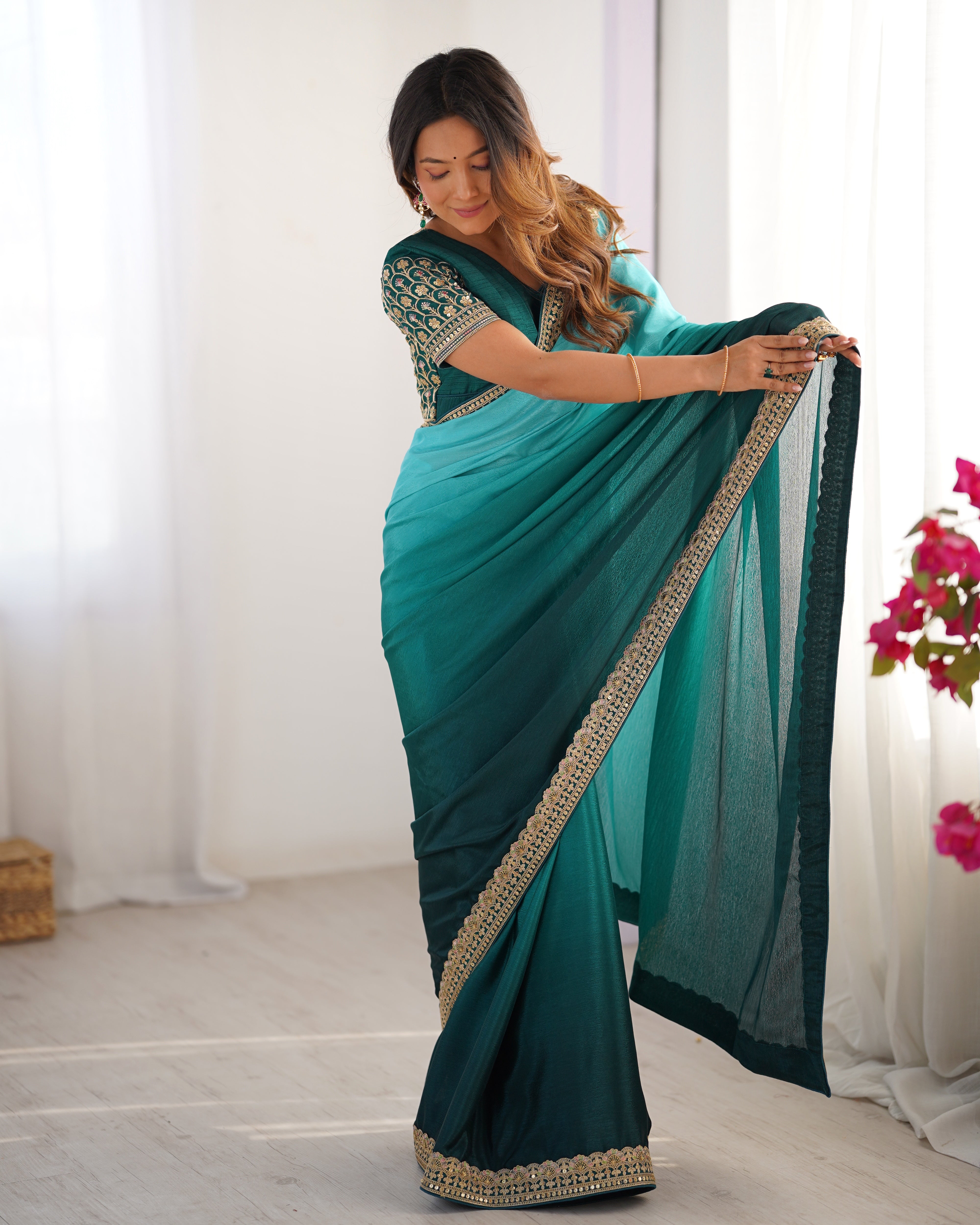 Adorable Function Wear Silk Thread n Sequence Work Fancy Designer Saree With Unstitched Blouse