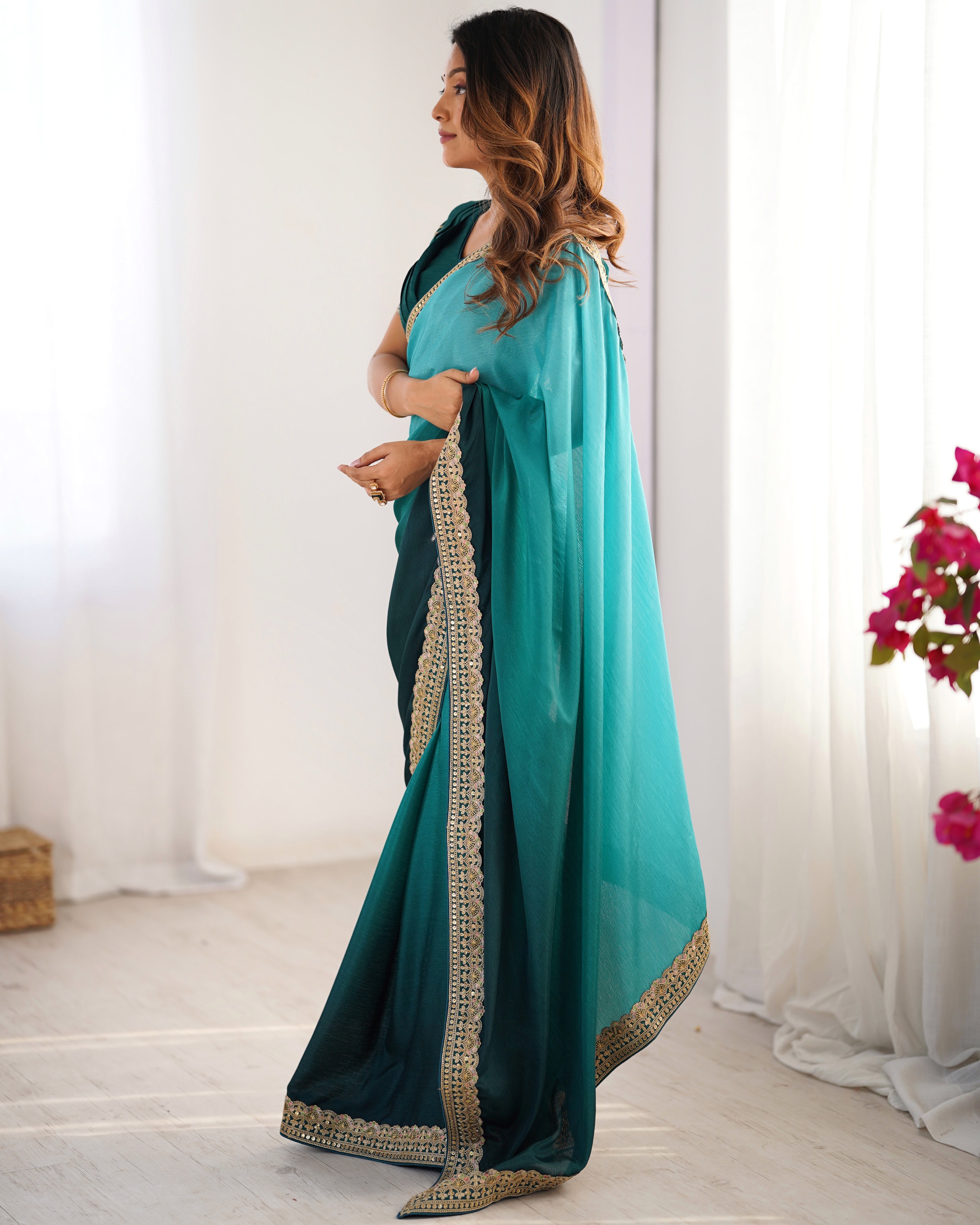 Adorable Function Wear Silk Thread n Sequence Work Fancy Designer Saree With Unstitched Blouse