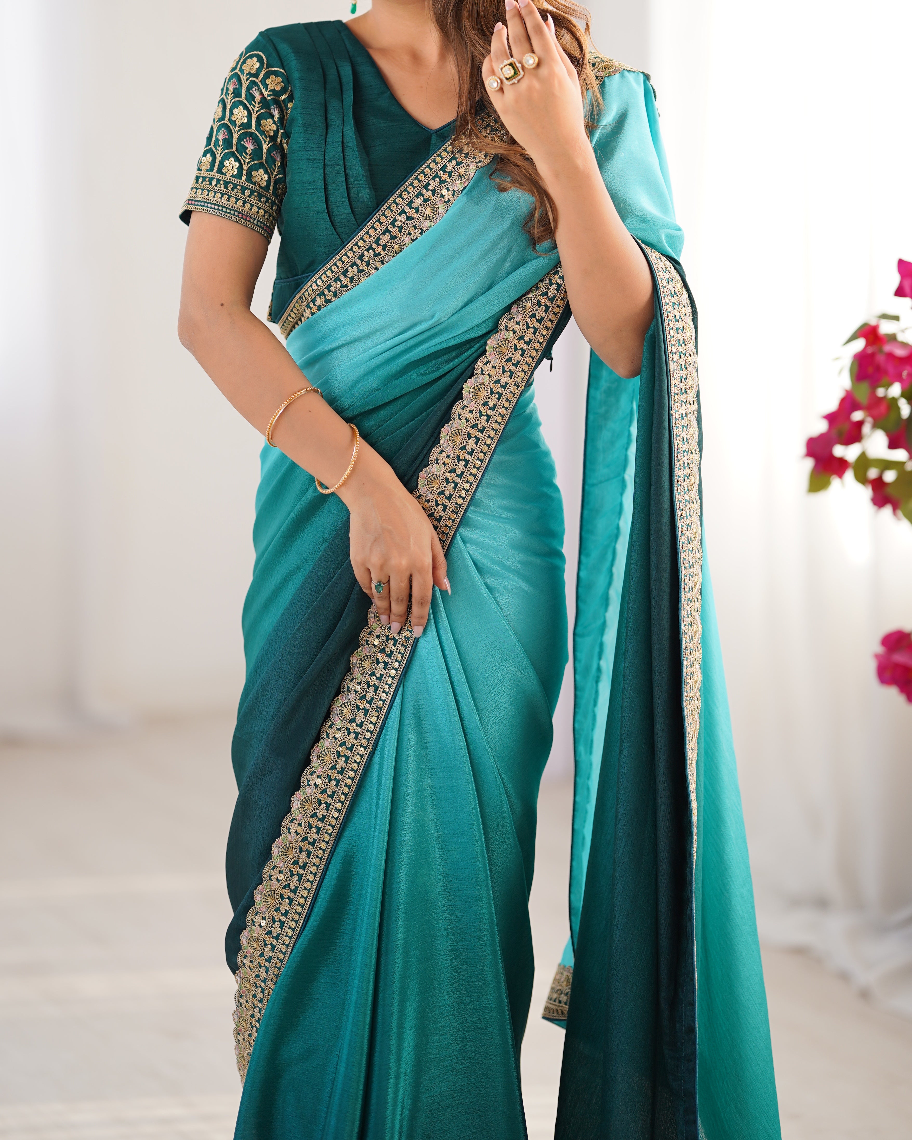 Adorable Function Wear Silk Thread n Sequence Work Fancy Designer Saree With Unstitched Blouse