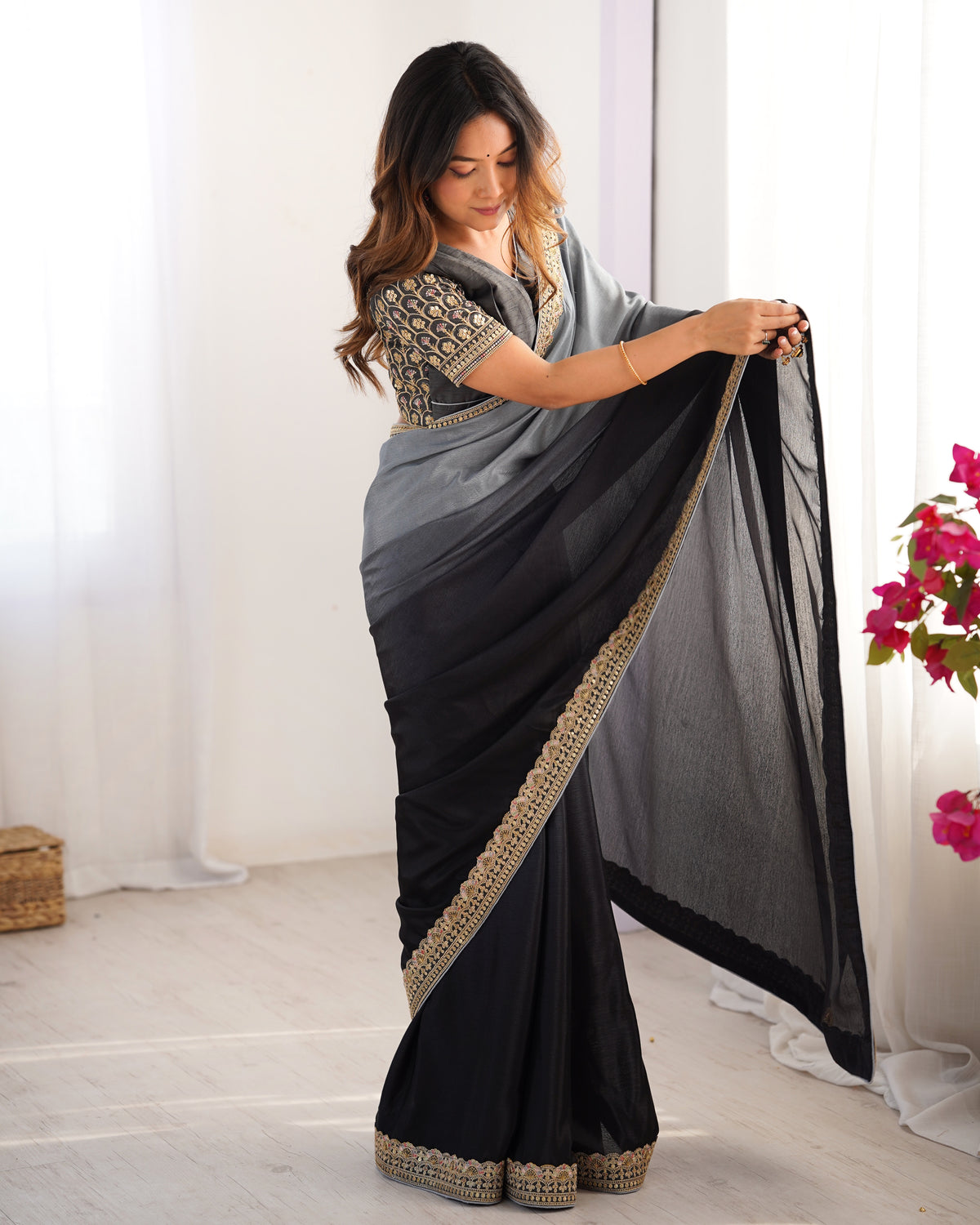 Adorable Function Wear Silk Thread n Sequence Work Fancy Designer Saree With Unstitched Blouse