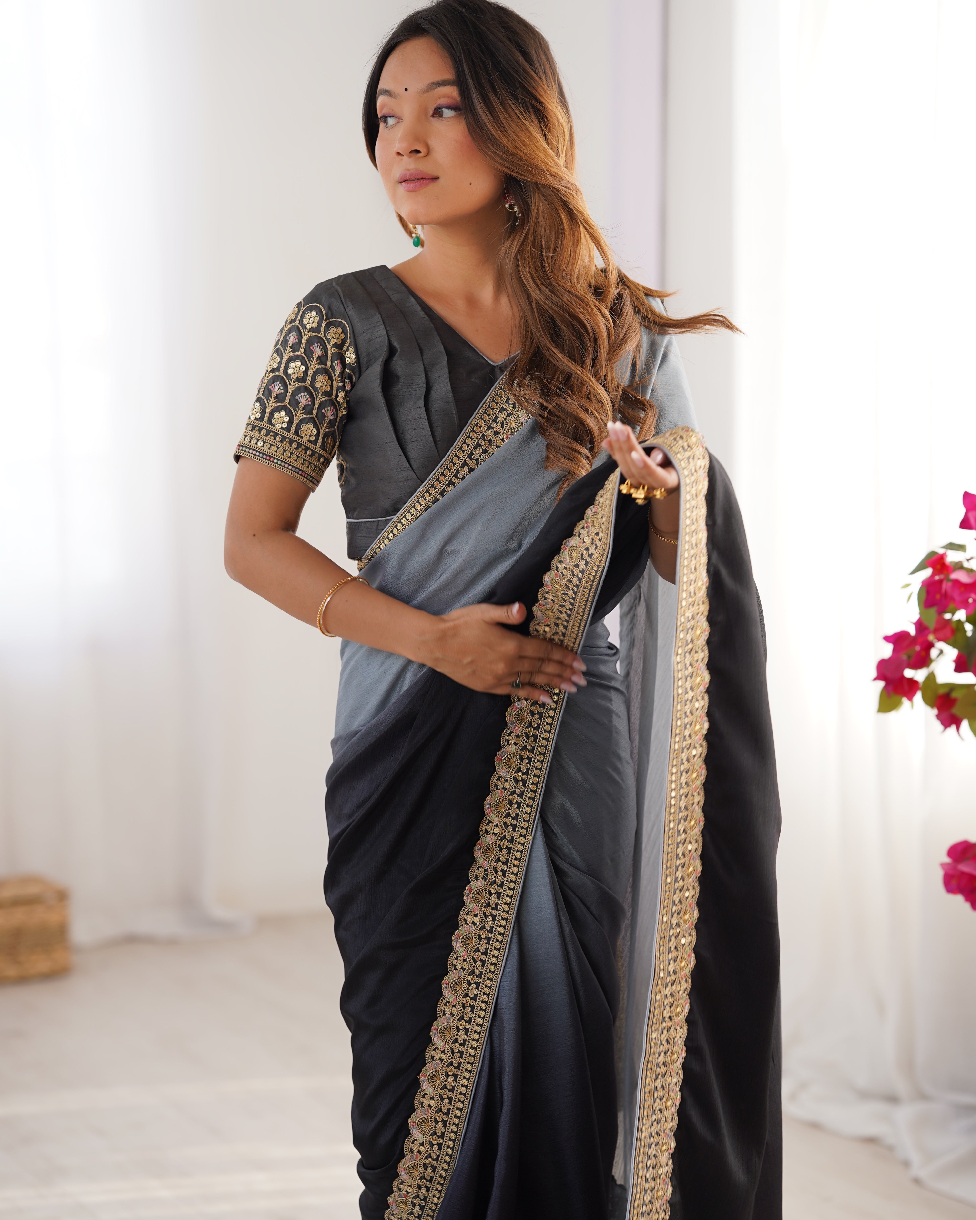 Adorable Function Wear Silk Thread n Sequence Work Fancy Designer Saree With Unstitched Blouse