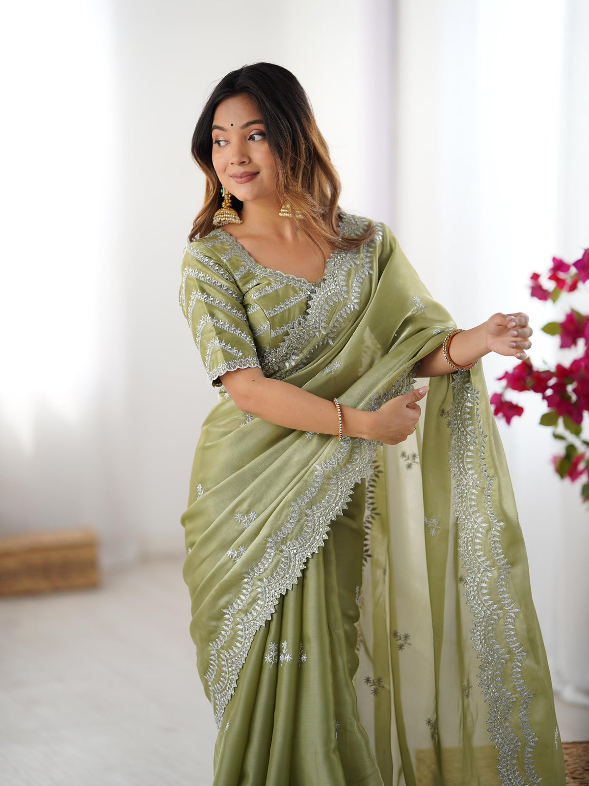 Desirable Party Wear Silk Thread n Sequence Work Fancy Designer Saree With Unstitched Blouse