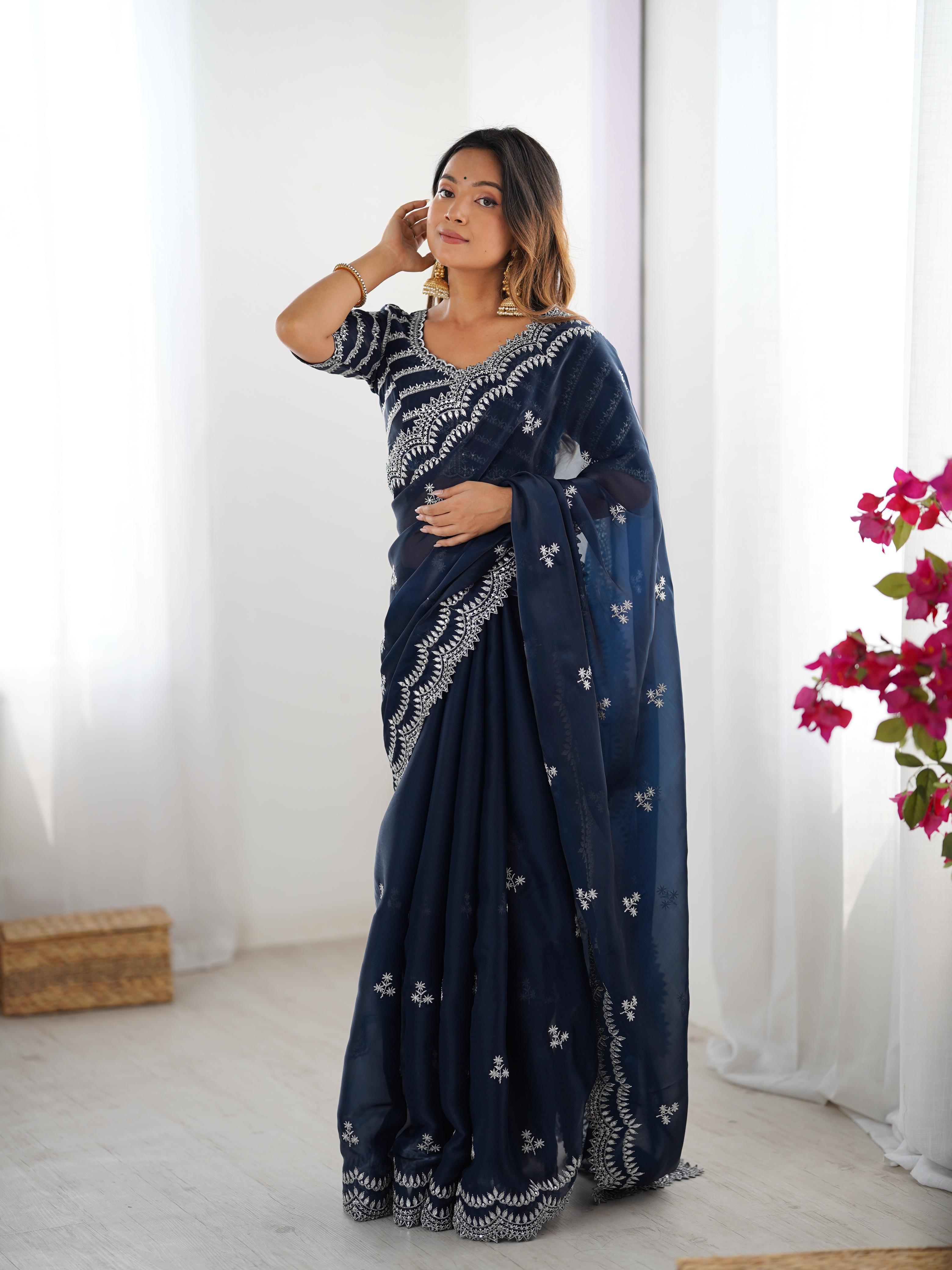 Desirable Party Wear Silk Thread n Sequence Work Fancy Designer Saree With Unstitched Blouse