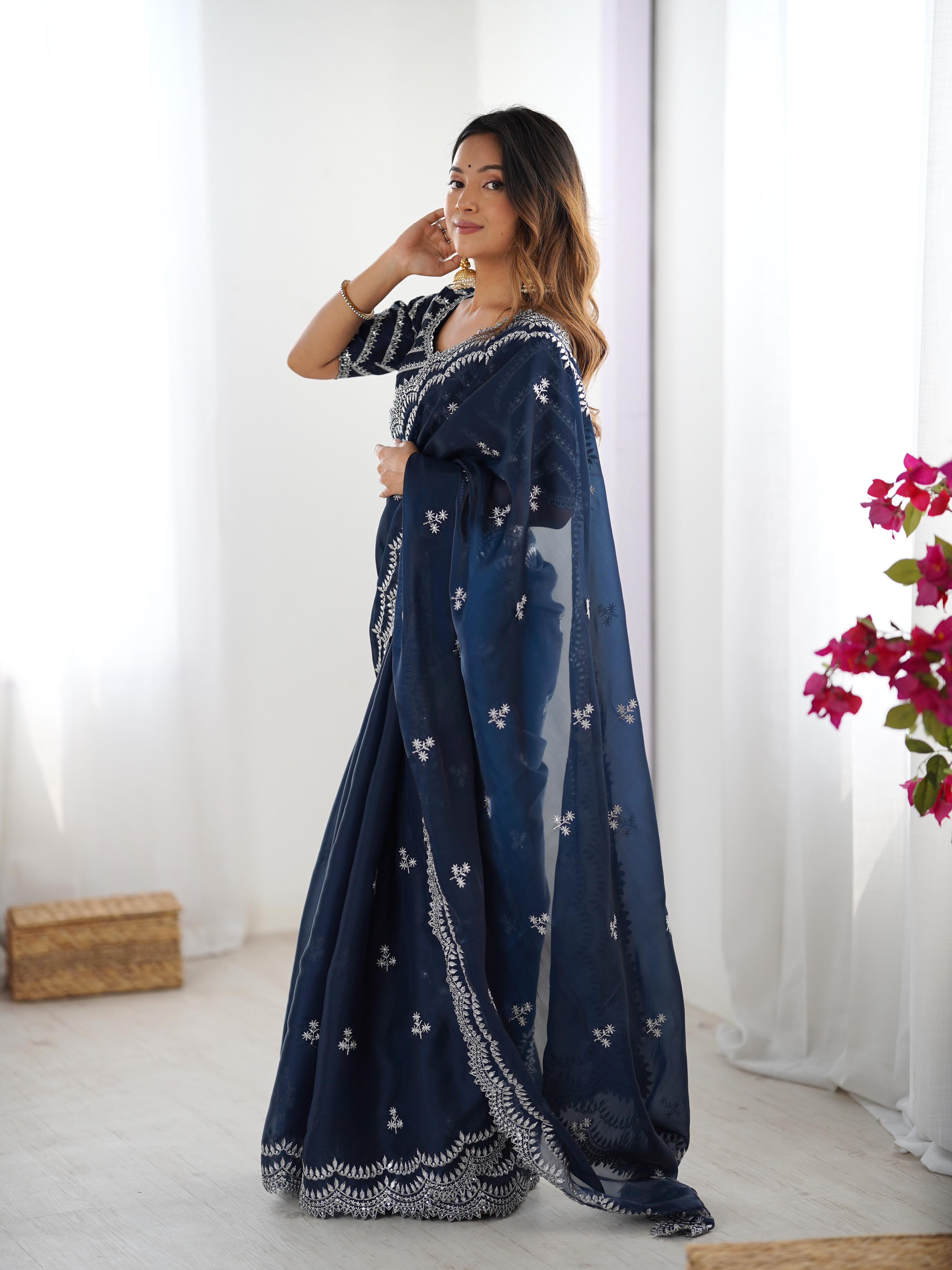 Desirable Party Wear Silk Thread n Sequence Work Fancy Designer Saree With Unstitched Blouse