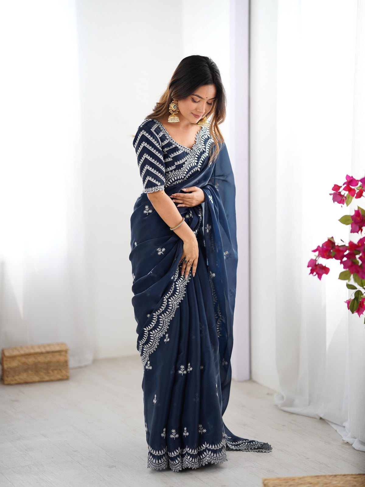 Desirable Party Wear Silk Thread n Sequence Work Fancy Designer Saree With Unstitched Blouse