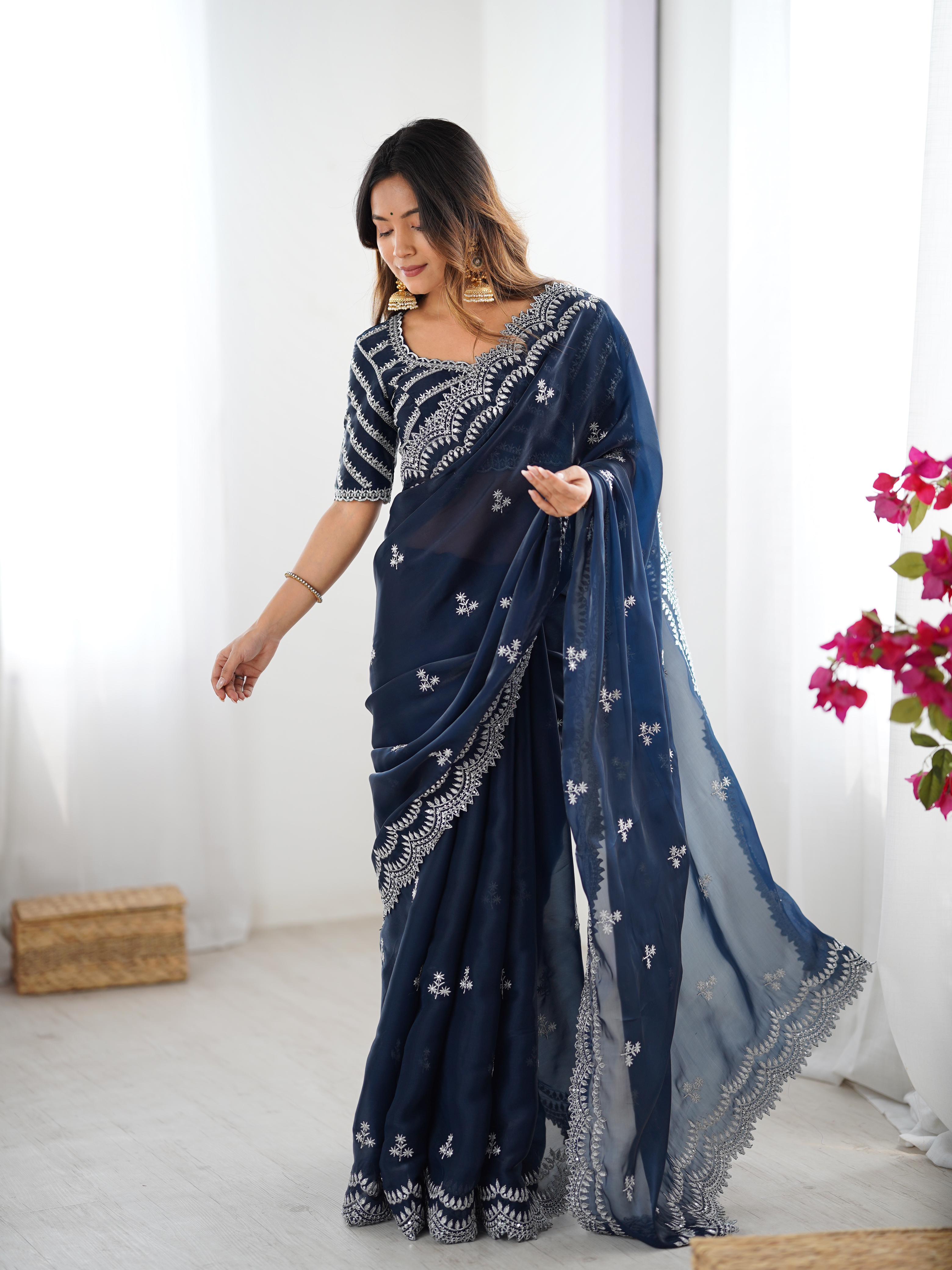 Desirable Party Wear Silk Thread n Sequence Work Fancy Designer Saree With Unstitched Blouse