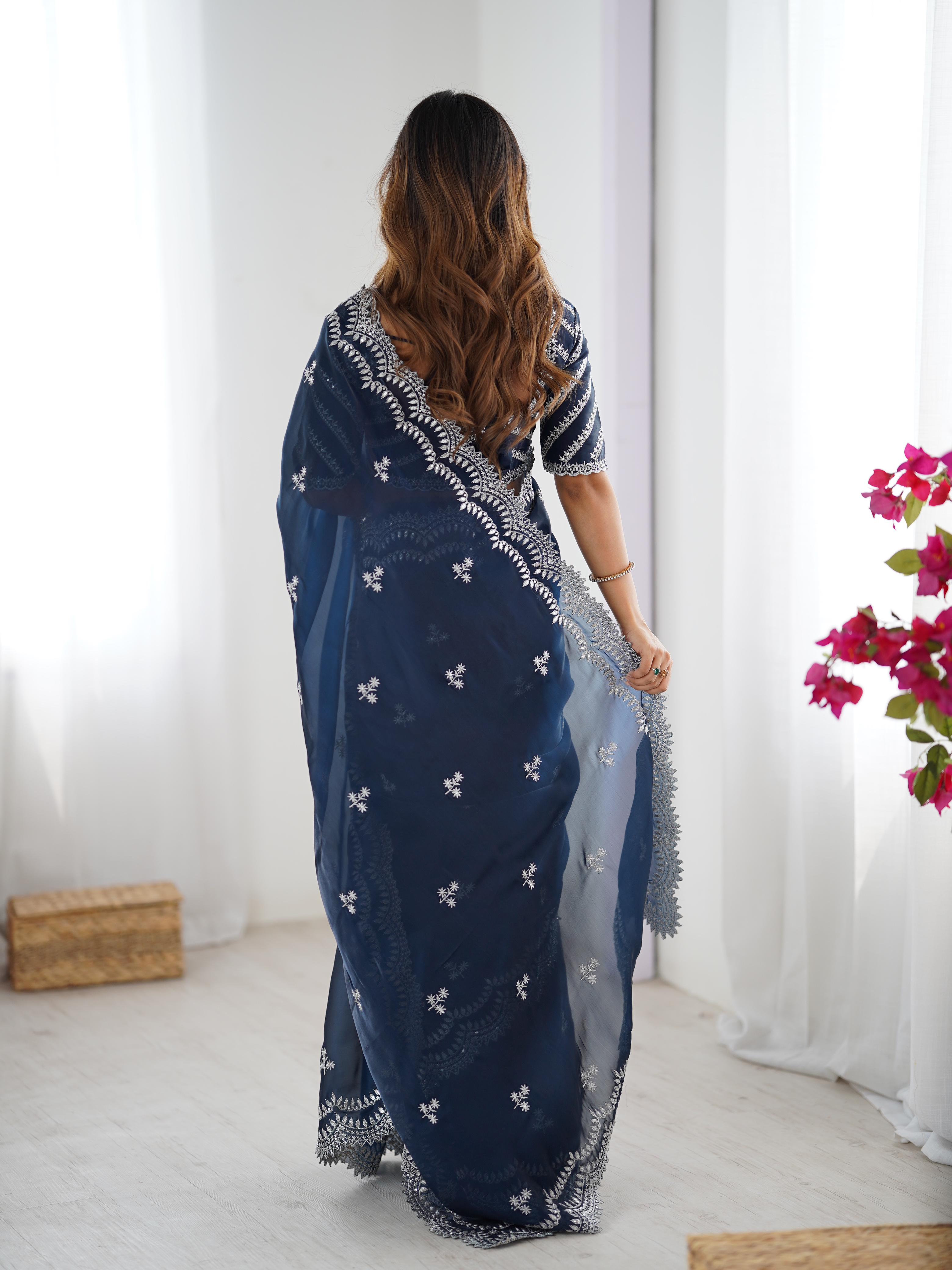 Desirable Party Wear Silk Thread n Sequence Work Fancy Designer Saree With Unstitched Blouse