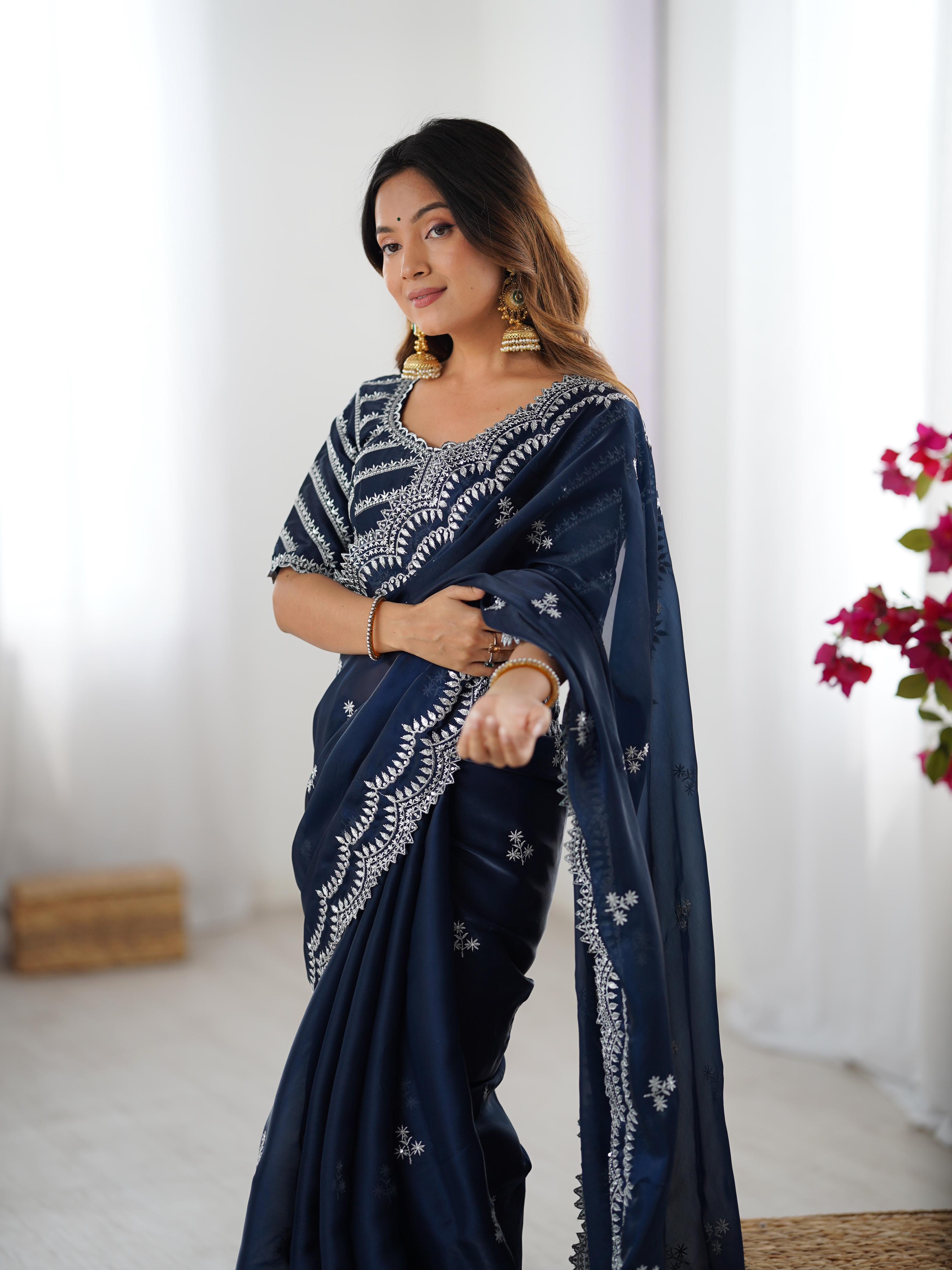 Desirable Party Wear Silk Thread n Sequence Work Fancy Designer Saree With Unstitched Blouse