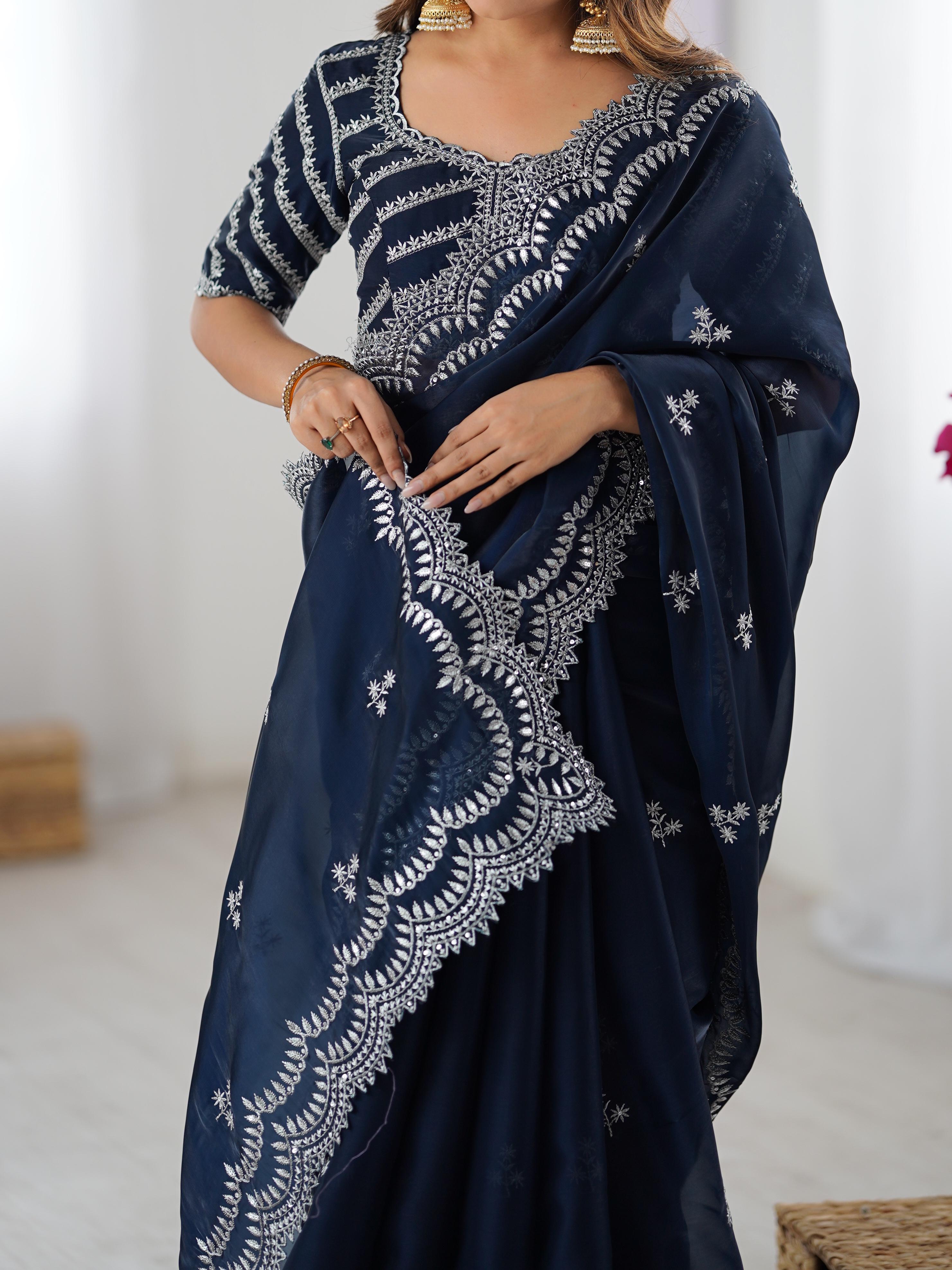 Desirable Party Wear Silk Thread n Sequence Work Fancy Designer Saree With Unstitched Blouse