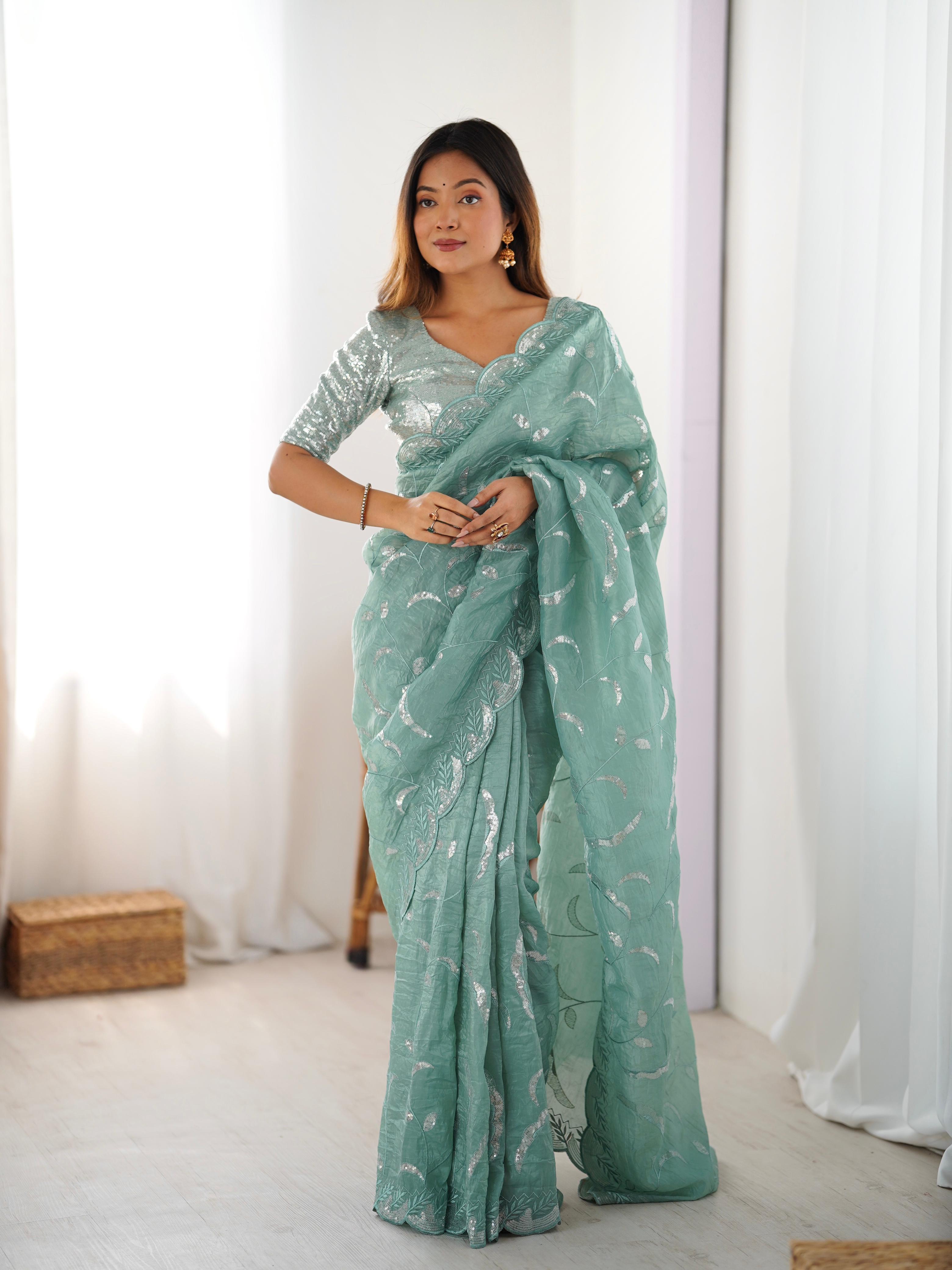 Gratifying Wedding Wear Crush Silk Sequence Work Designer Saree With Matching Unstitched Blouse