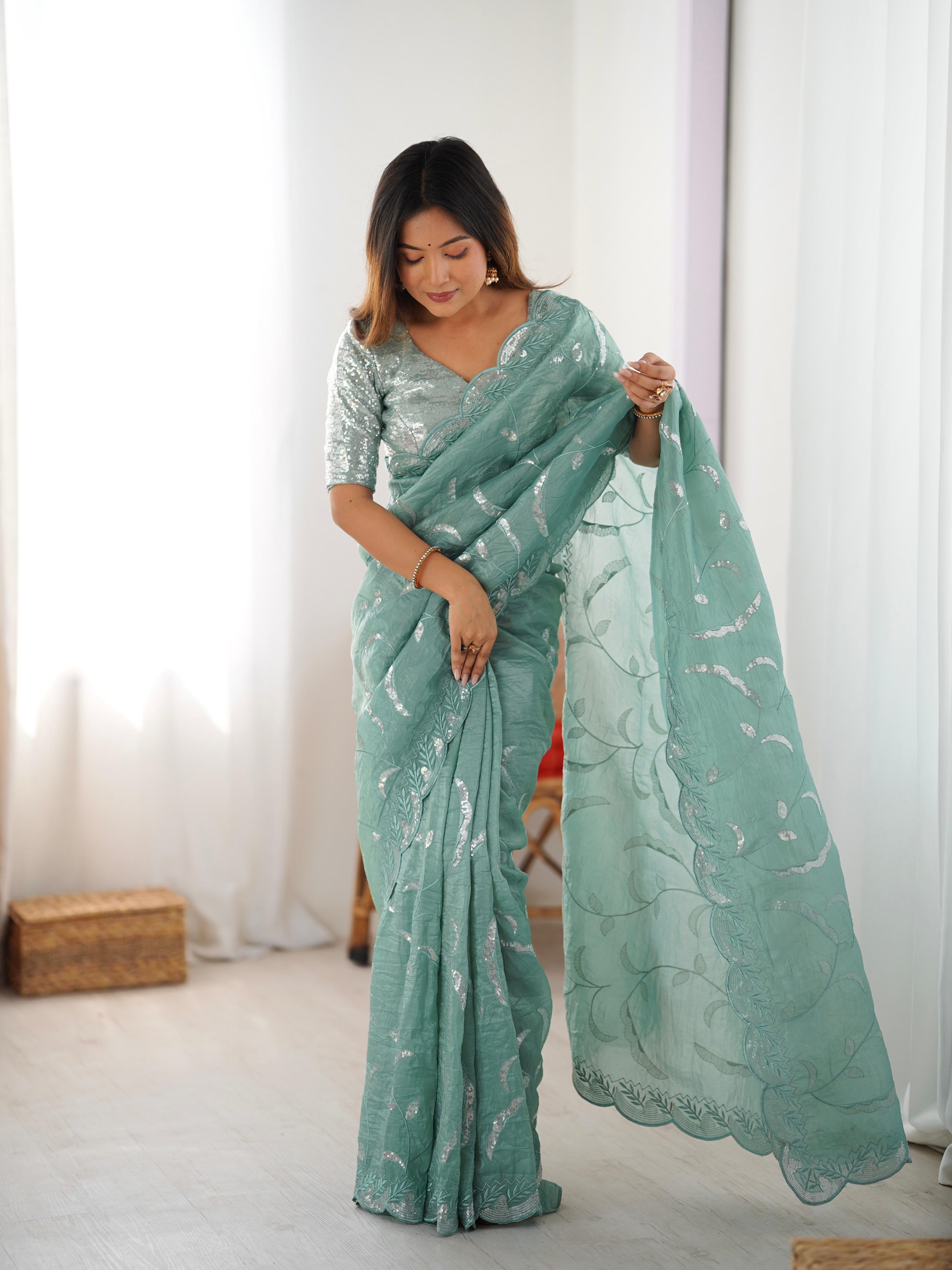 Gratifying Wedding Wear Crush Silk Sequence Work Designer Saree With Matching Unstitched Blouse