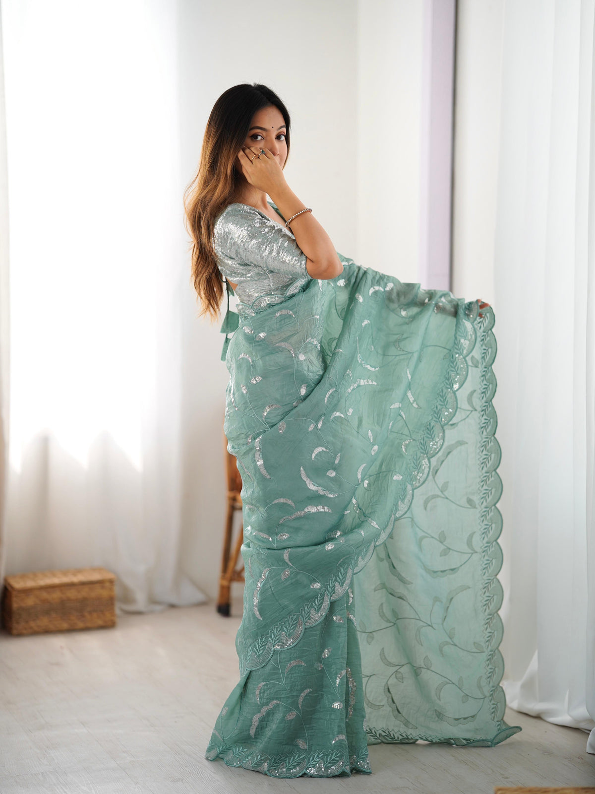 Gratifying Wedding Wear Crush Silk Sequence Work Designer Saree With Matching Unstitched Blouse