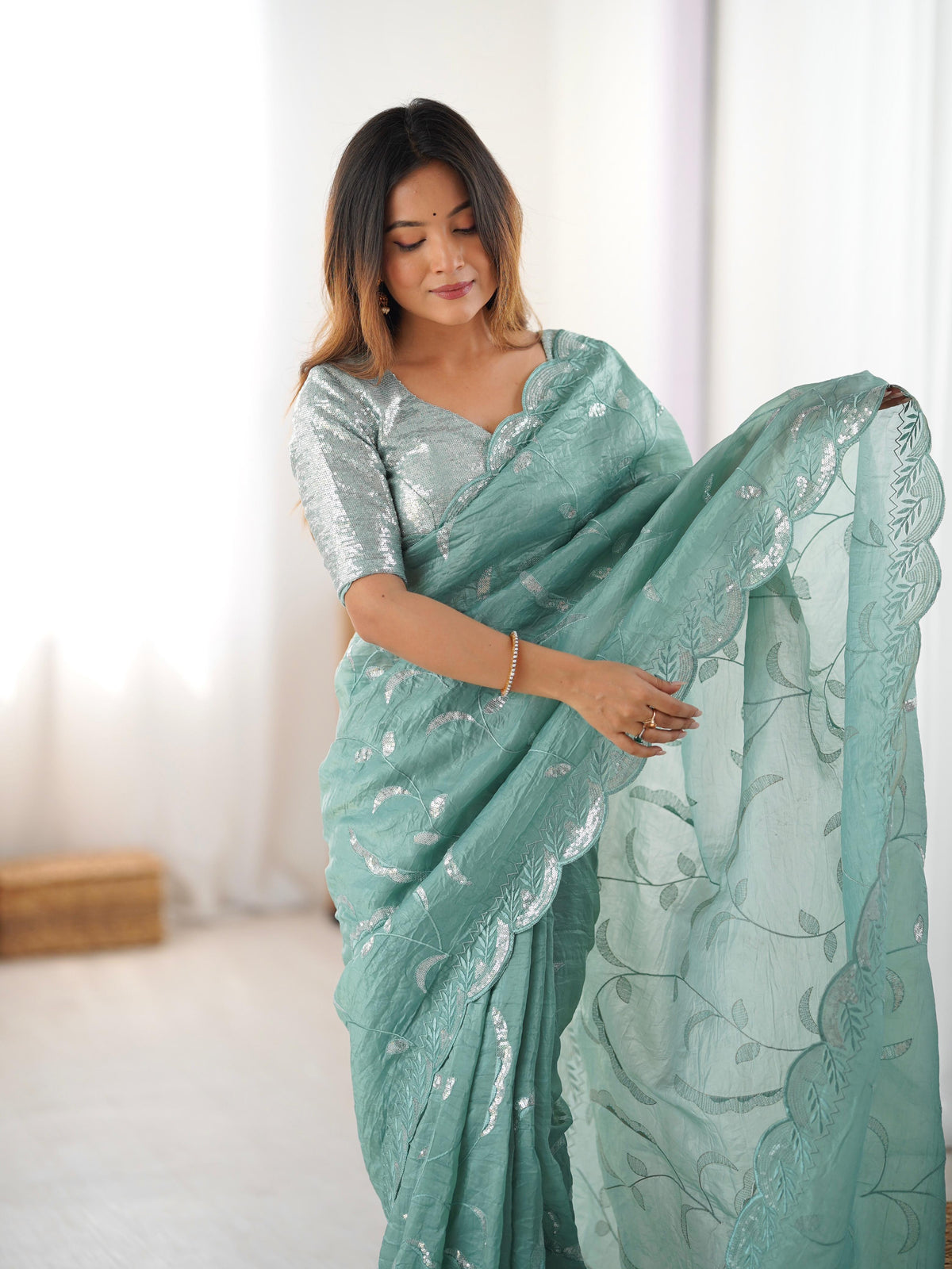 Gratifying Wedding Wear Crush Silk Sequence Work Designer Saree With Matching Unstitched Blouse