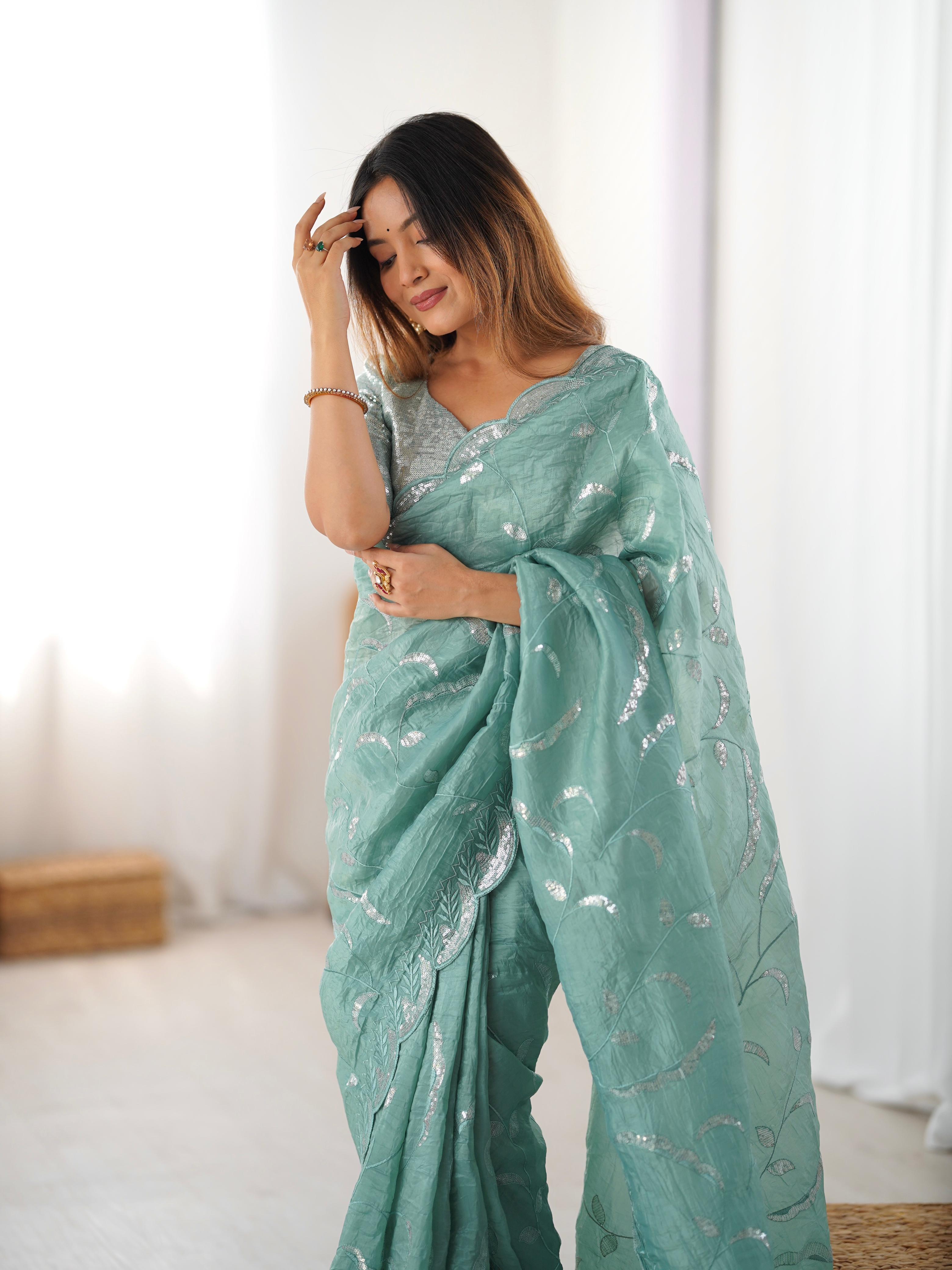 Gratifying Wedding Wear Crush Silk Sequence Work Designer Saree With Matching Unstitched Blouse