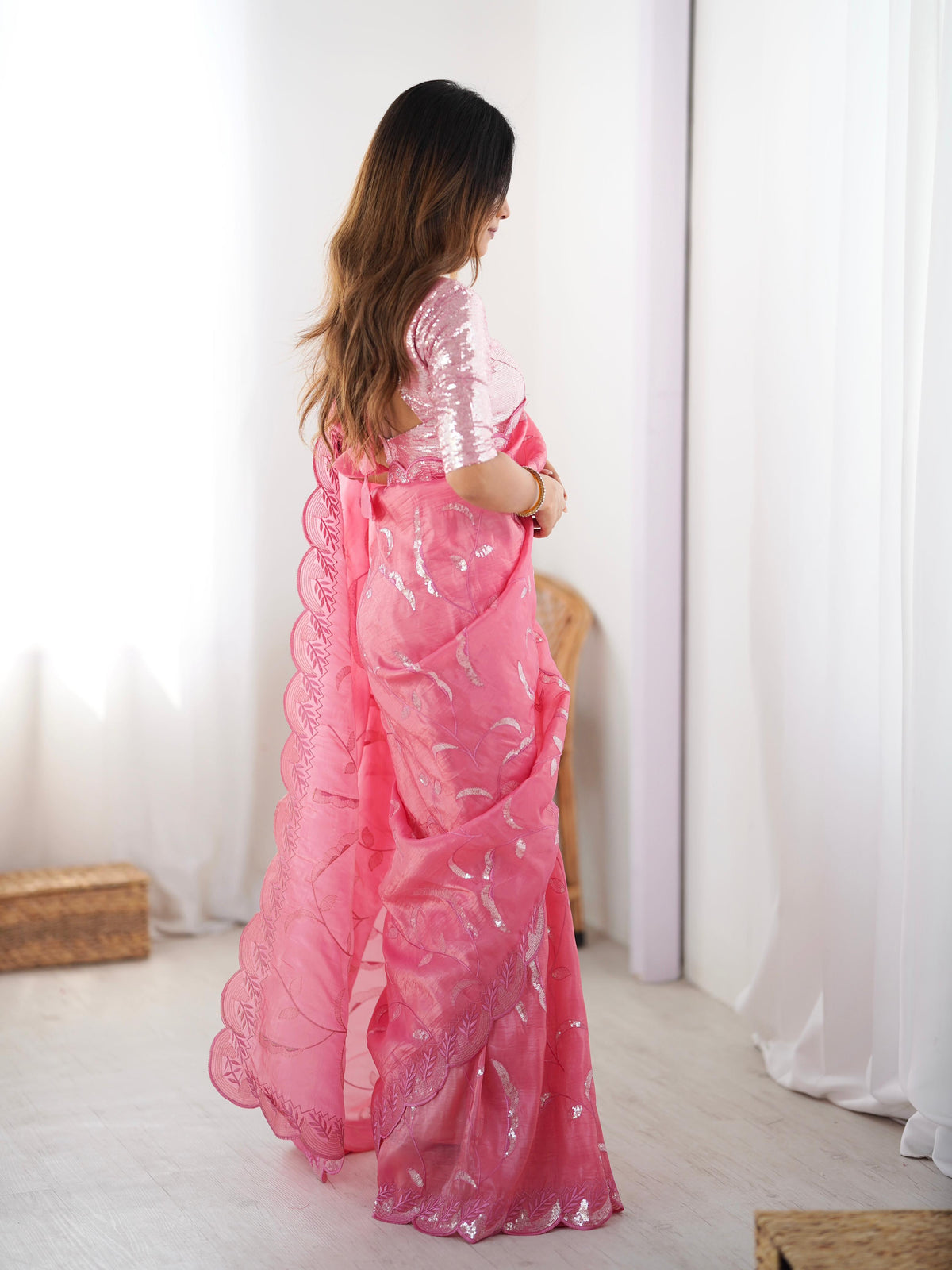 Gratifying Wedding Wear Crush Silk Sequence Work Designer Saree With Matching Unstitched Blouse