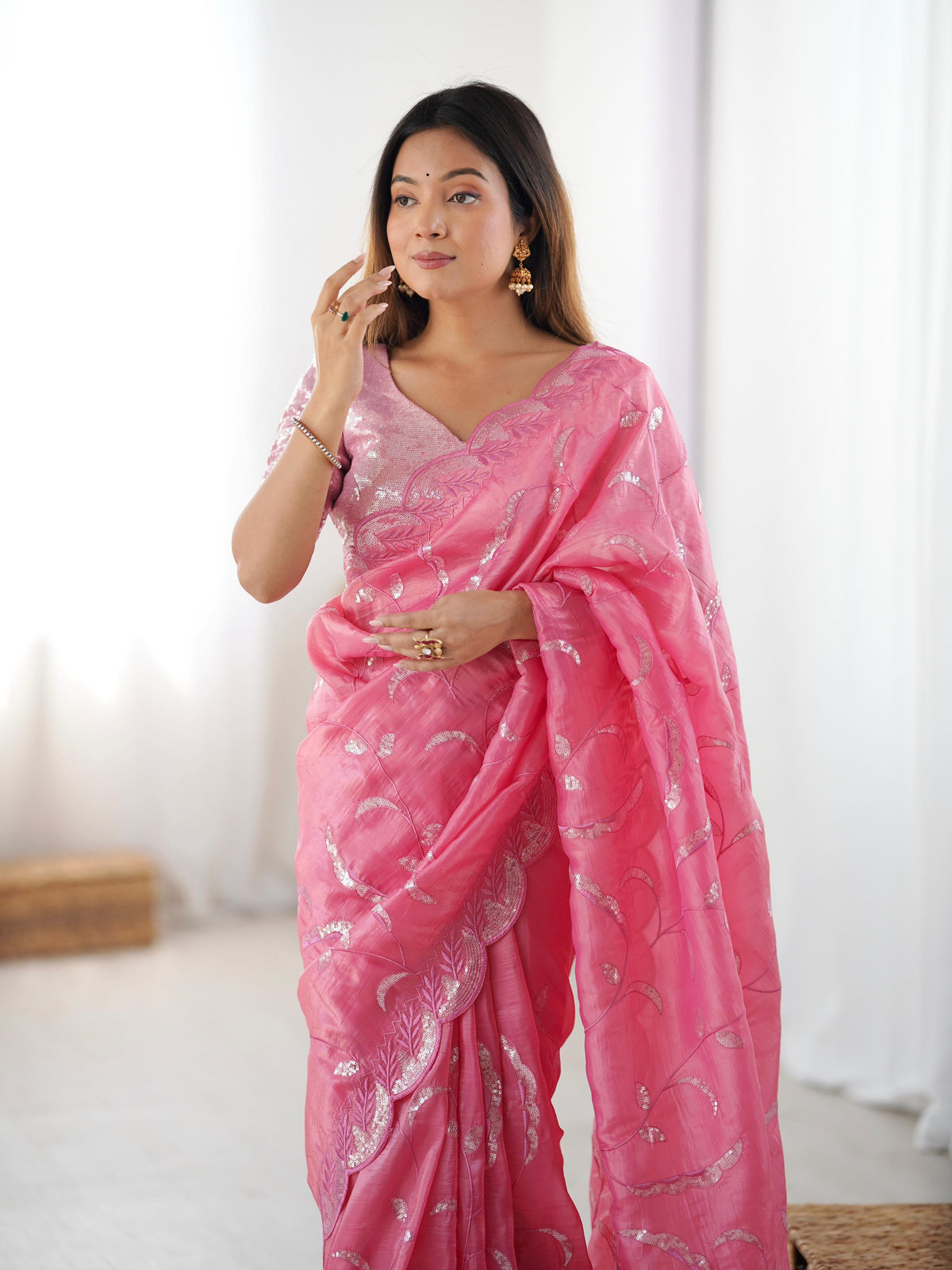 Gratifying Wedding Wear Crush Silk Sequence Work Designer Saree With Matching Unstitched Blouse