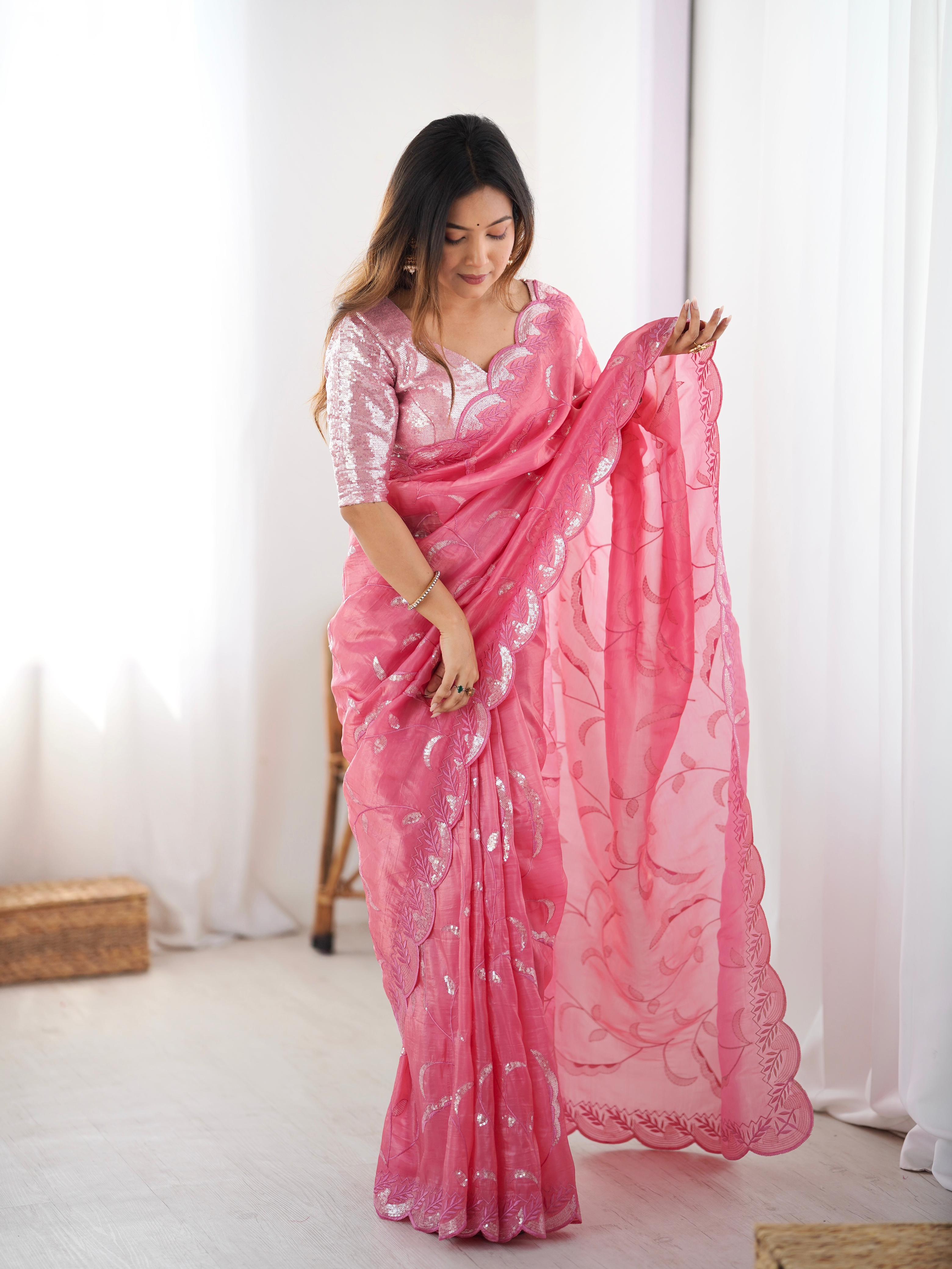 Gratifying Wedding Wear Crush Silk Sequence Work Designer Saree With Matching Unstitched Blouse