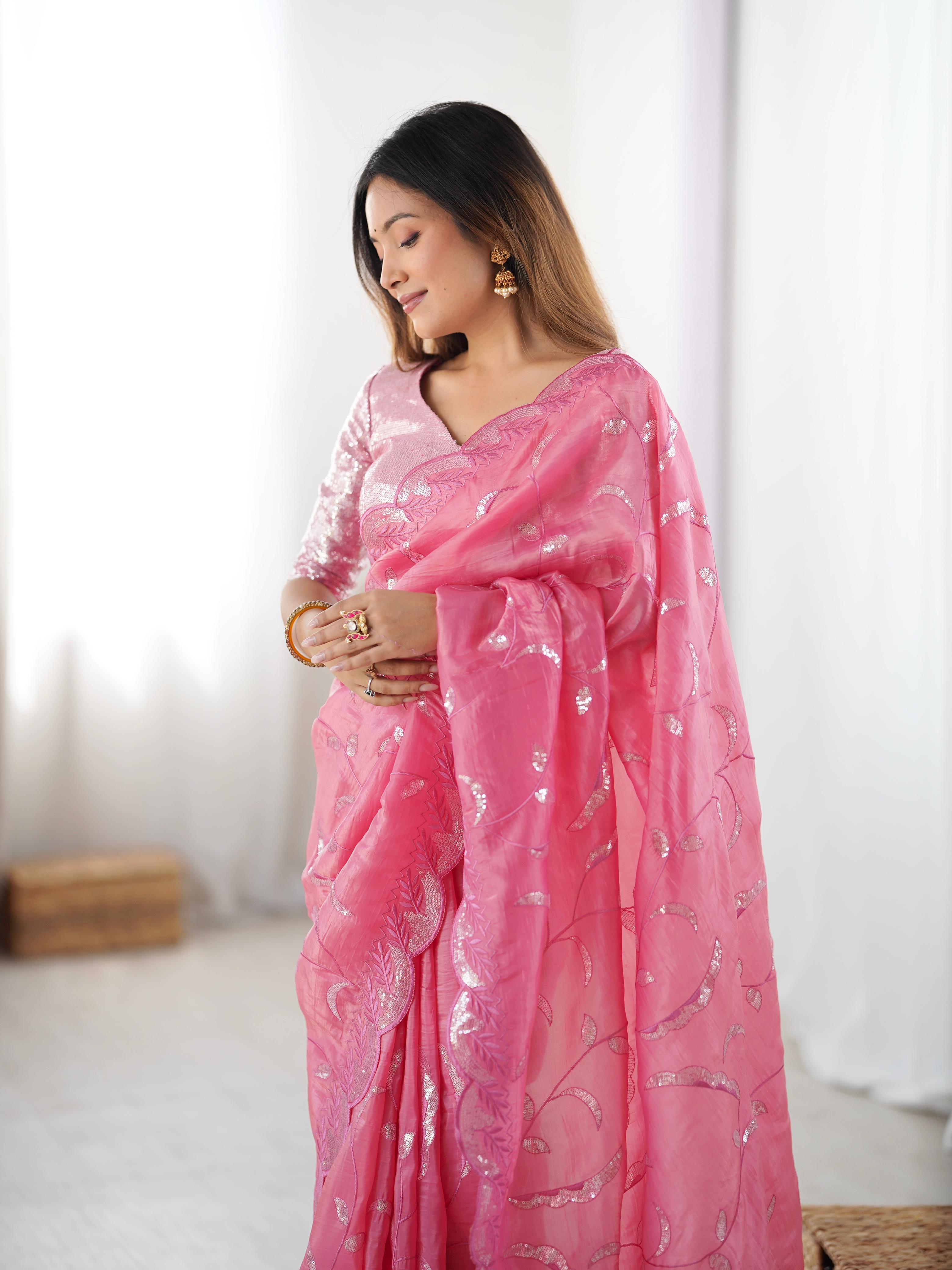 Gratifying Wedding Wear Crush Silk Sequence Work Designer Saree With Matching Unstitched Blouse