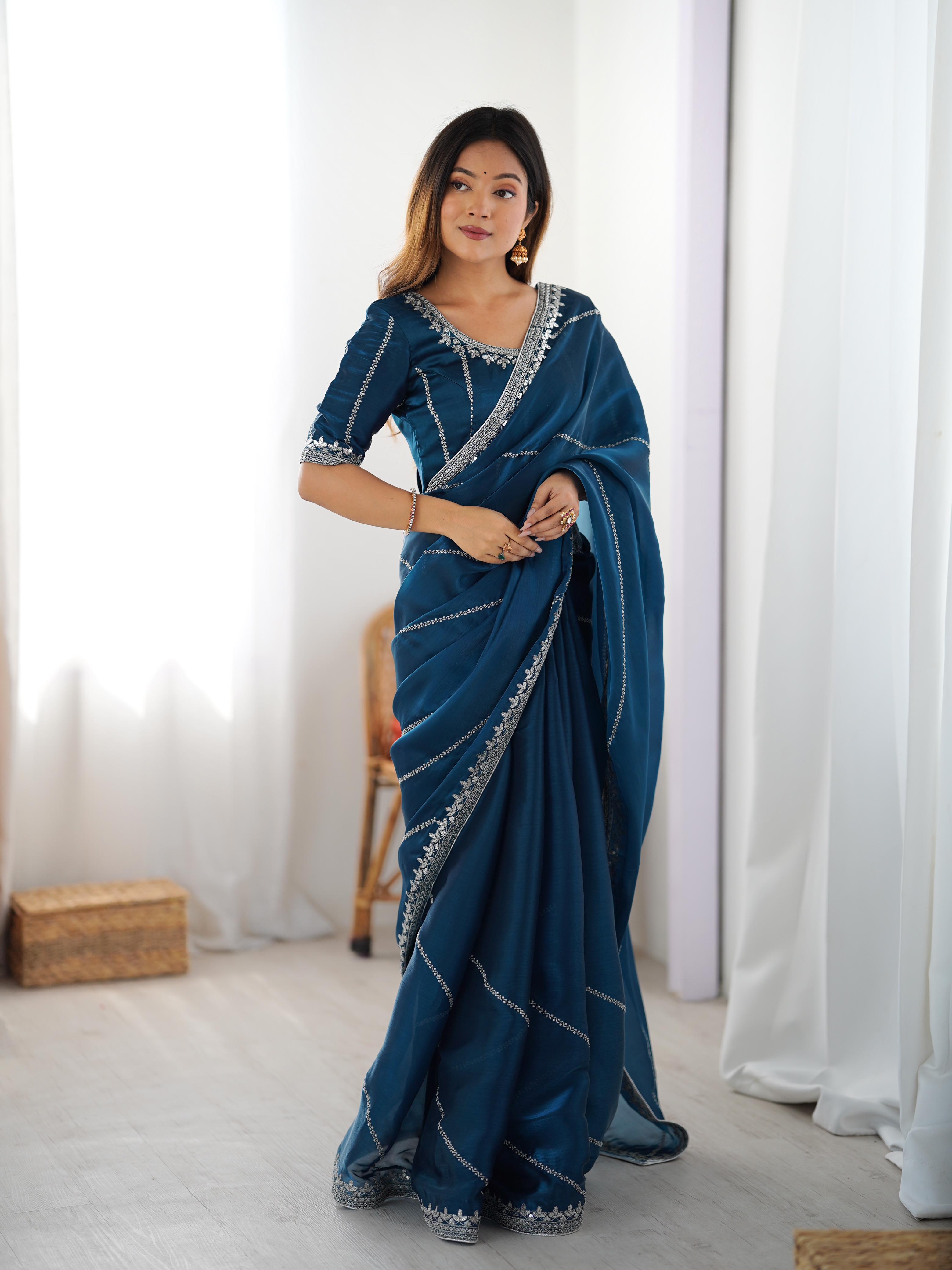 Glamorous Function Wear Silk Thread n Sequence Work Fancy Designer Saree With Unstitched Blouse