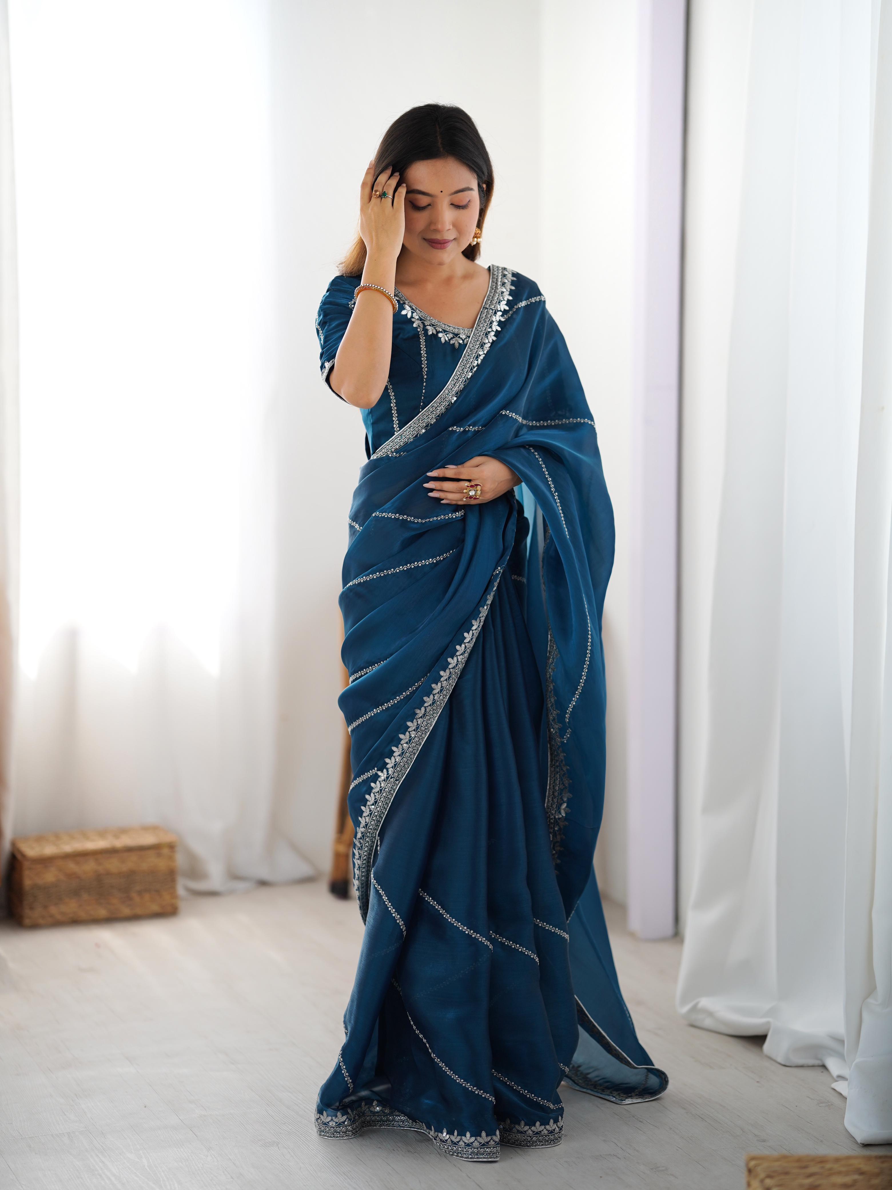 Glamorous Function Wear Silk Thread n Sequence Work Fancy Designer Saree With Unstitched Blouse