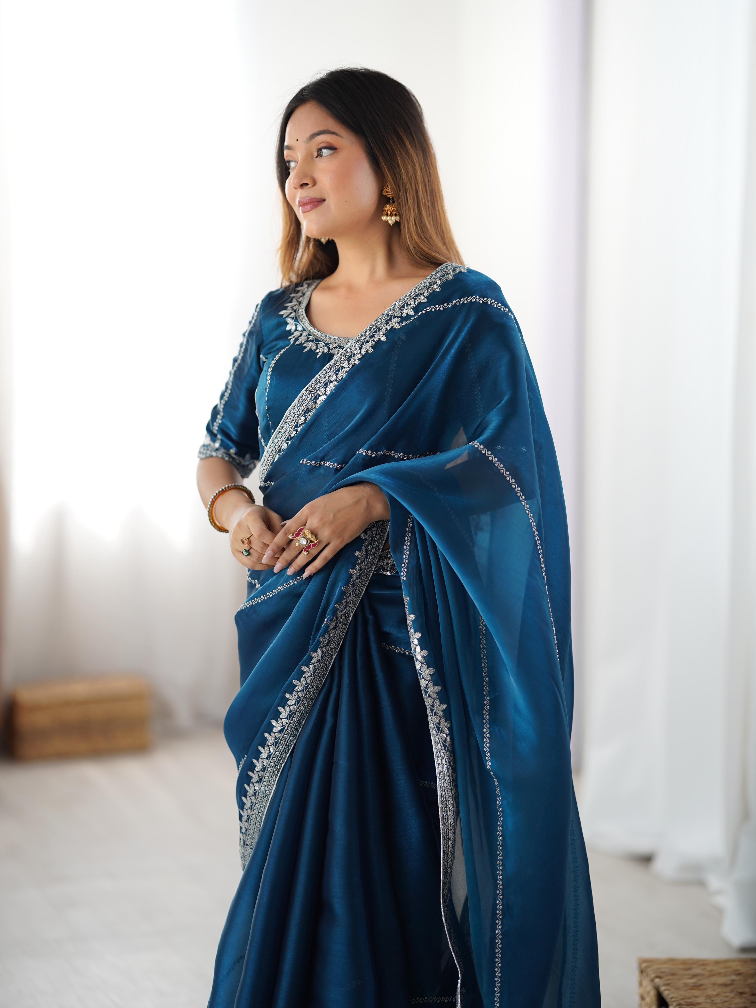 Glamorous Function Wear Silk Thread n Sequence Work Fancy Designer Saree With Unstitched Blouse
