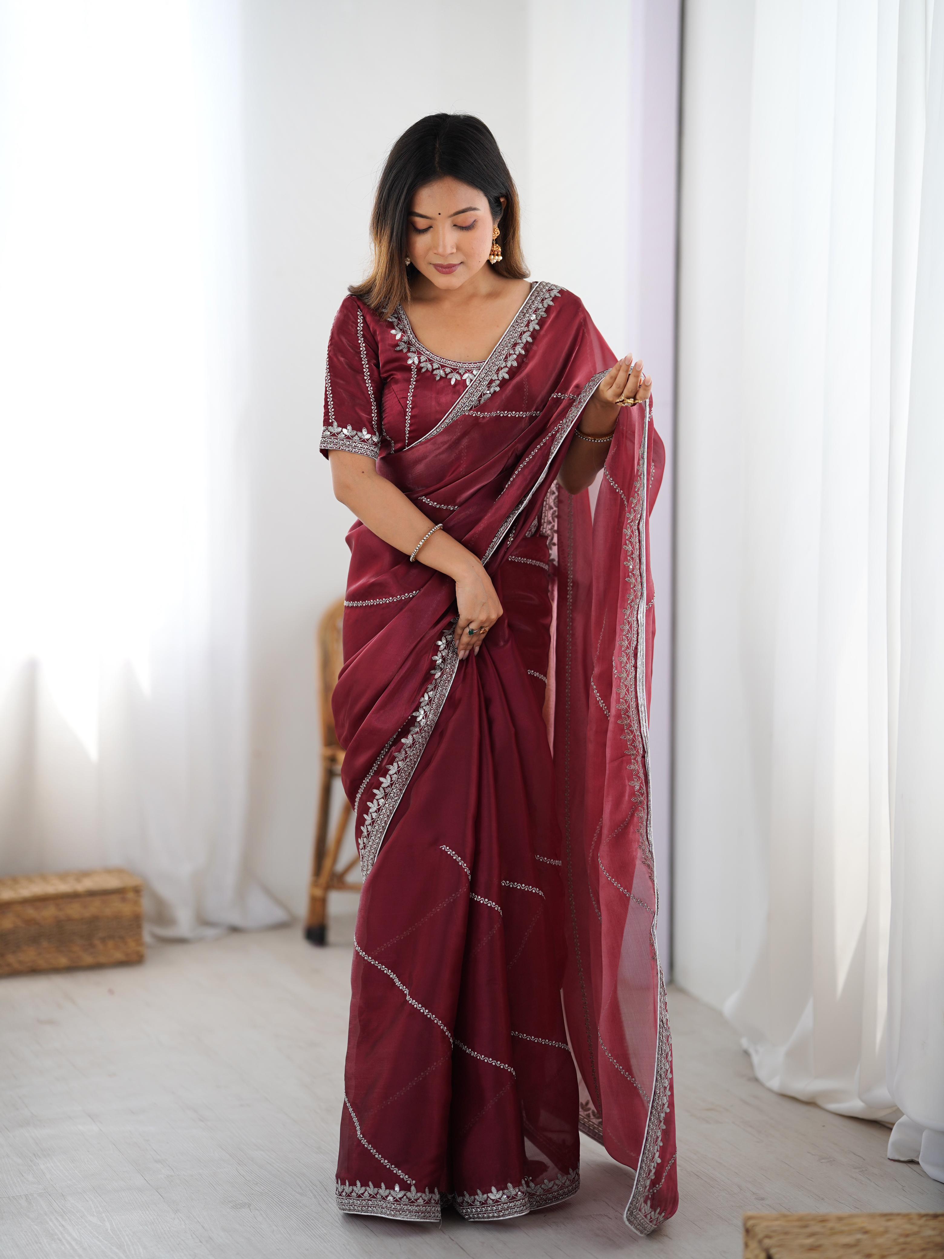 Glamorous Function Wear Silk Thread n Sequence Work Fancy Designer Saree With Unstitched Blouse