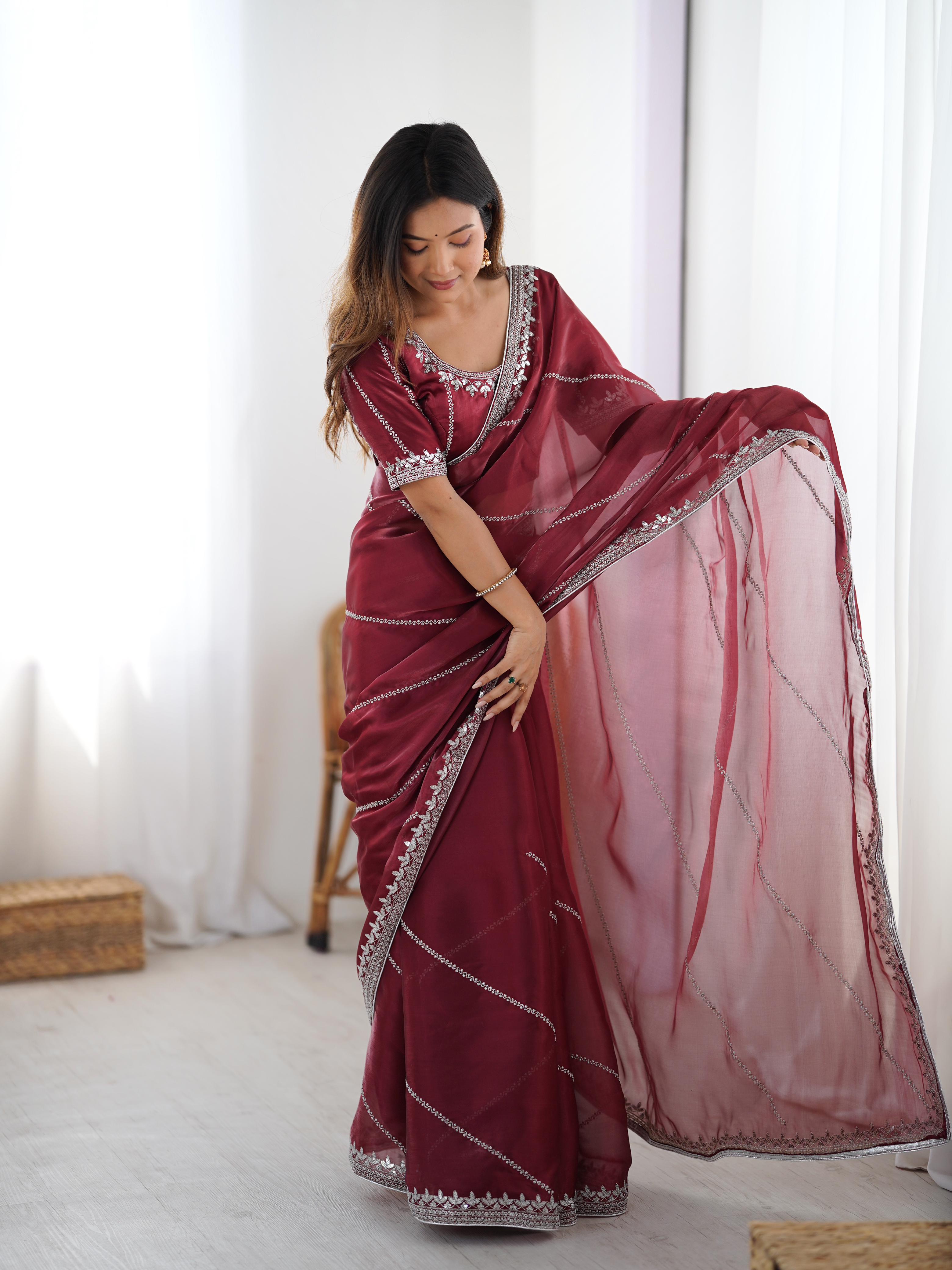Glamorous Function Wear Silk Thread n Sequence Work Fancy Designer Saree With Unstitched Blouse