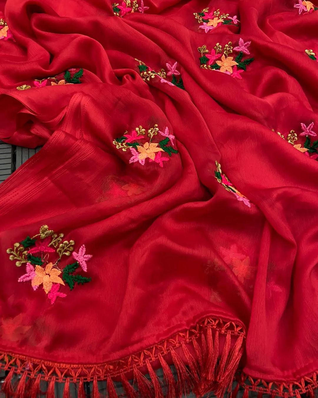 New Party Wear Chiffon Embroidery With Tussels Work Designer Saree With Blouse