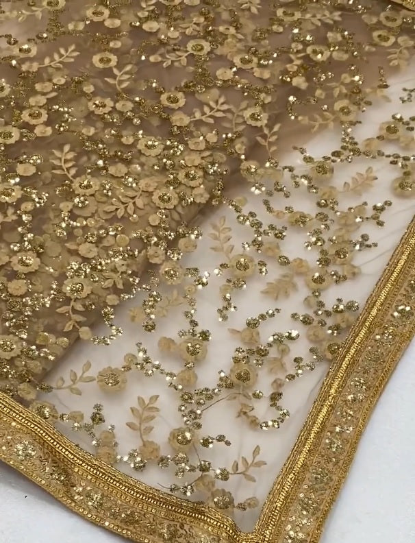 New Partywear Golden Color Soft Net Heavy Embroidered Work Fancy Designer Saree