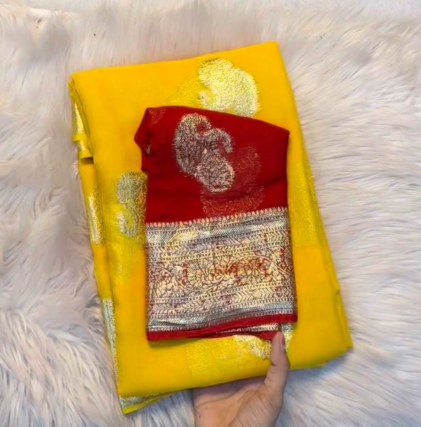 New Festival Wear Yellow Color Viscose Georgette Jacquard Weaving Work Fancy Designer Saree With Blouse