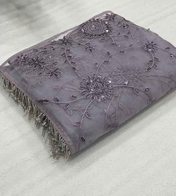 New Partywear Purple Color Mono Net Sequence Work Fancy Designer Saree