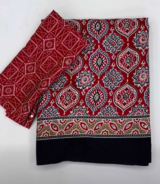 Exquisite Festive Wear Pure Satin Silk Ajrak Printed Rich Pallu n Tussles Work Fancy Saree With Bouse Piece