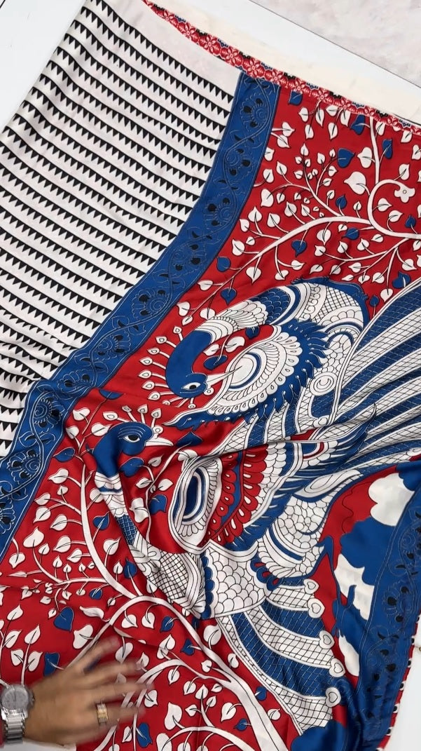 New Function Wear Pure Satin Silk Ajrak Printed Rich Pallu n Tussles Work Fancy Designer Saree