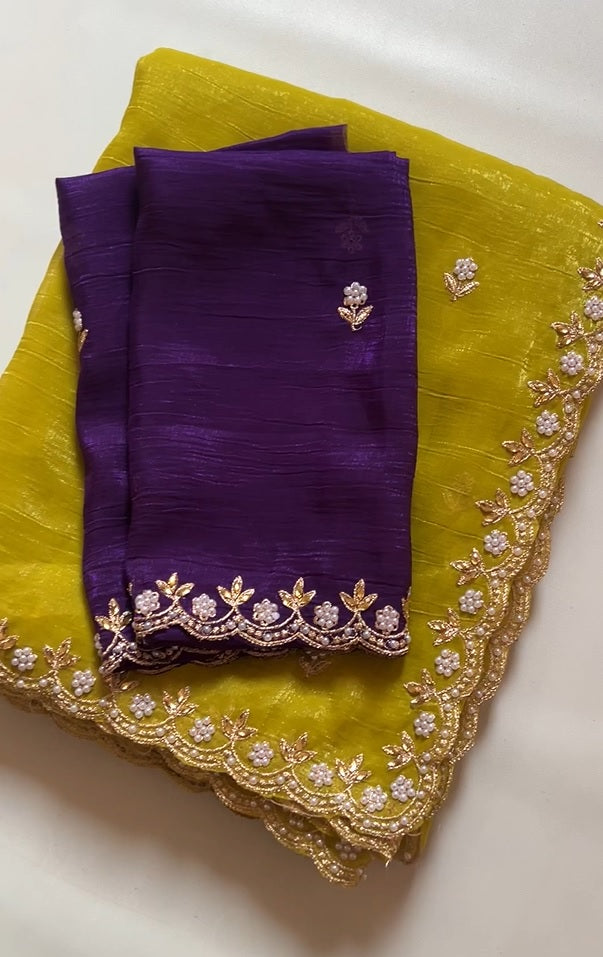 New Partywear Chiffon Embroidery n Diamond Work Partywear Fancy Designer Saree With Blouse