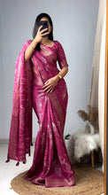 Load image into Gallery viewer, New Muslin Cotton Lavender Color Kalamkari Print With n Zari Weaving With Tussles Work Fancy Designer Saree
