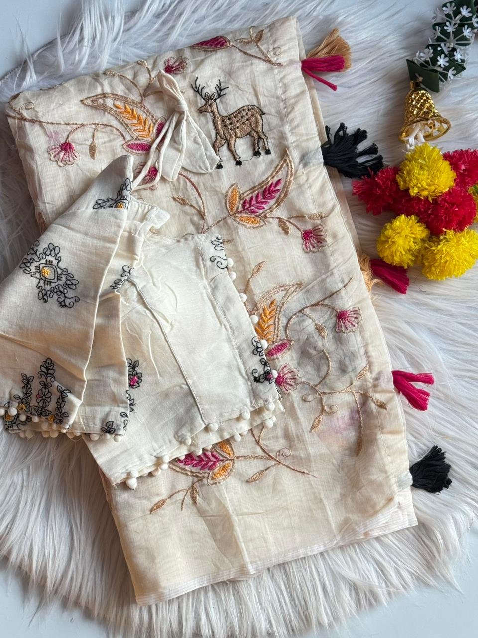 Marvellous Fucntion Wear Chanderi Cotton Heavy Embroidery n Tussels Work Fancy Designer Saree With Stitched Blouse
