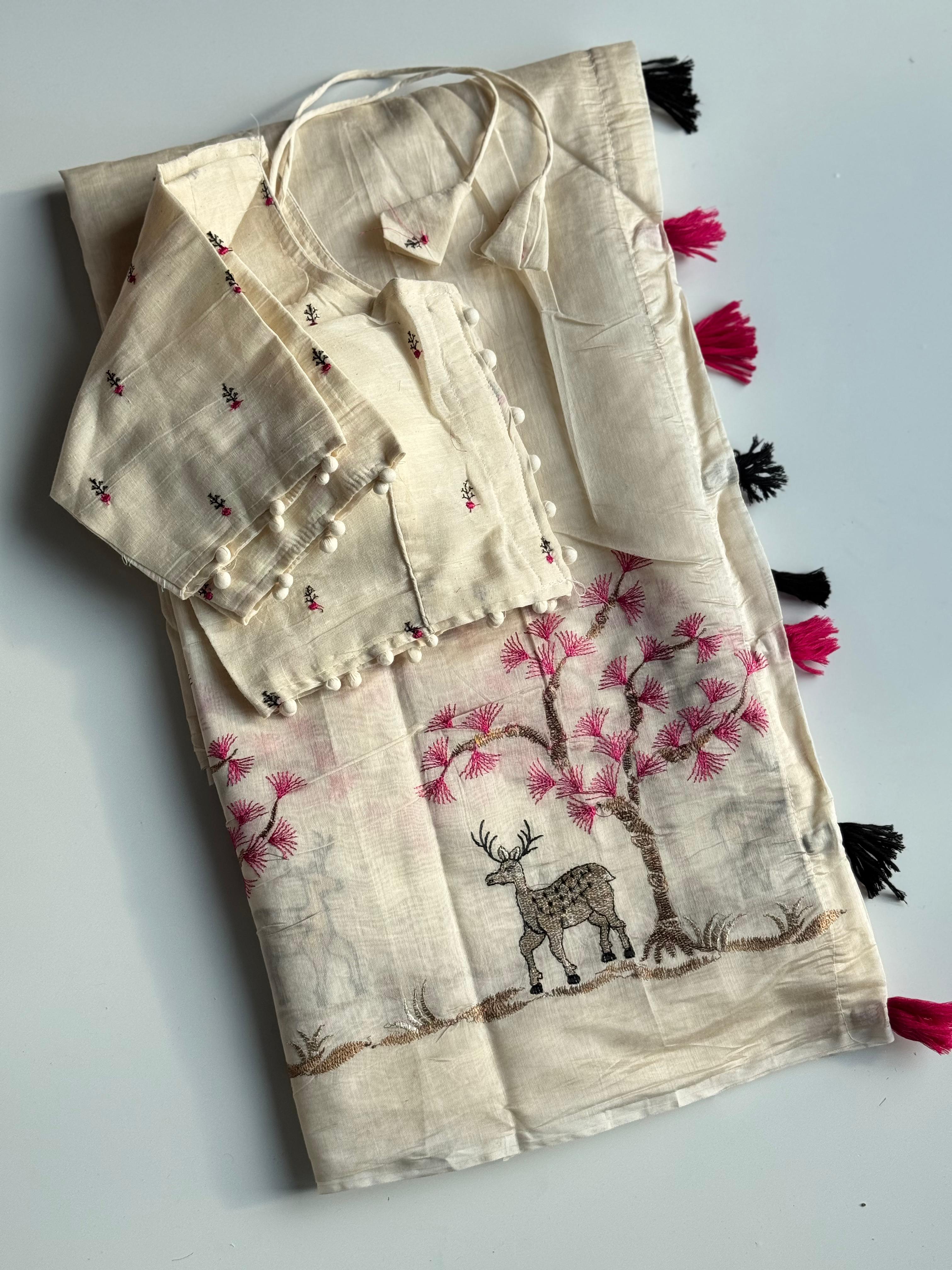 Exuberant Function Wear Chanderi Cotton Embroidery n Tussels Work Fancy Designer Saree With Stitched Blouse