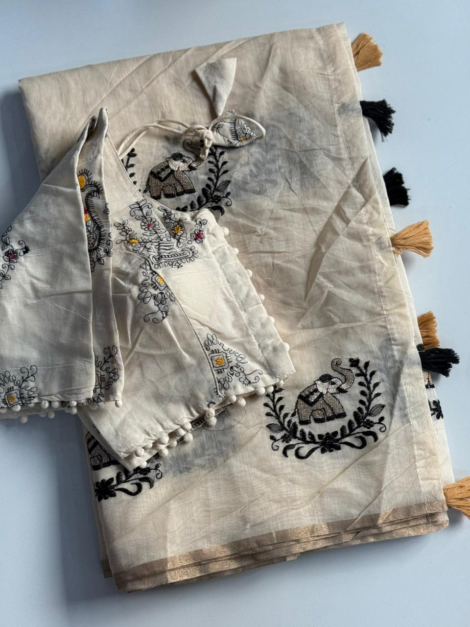 Mellifluous Function Wear Chanderi Cotton Embroidery n Tussels Work Fancy Designer Saree With Stitched Blouse