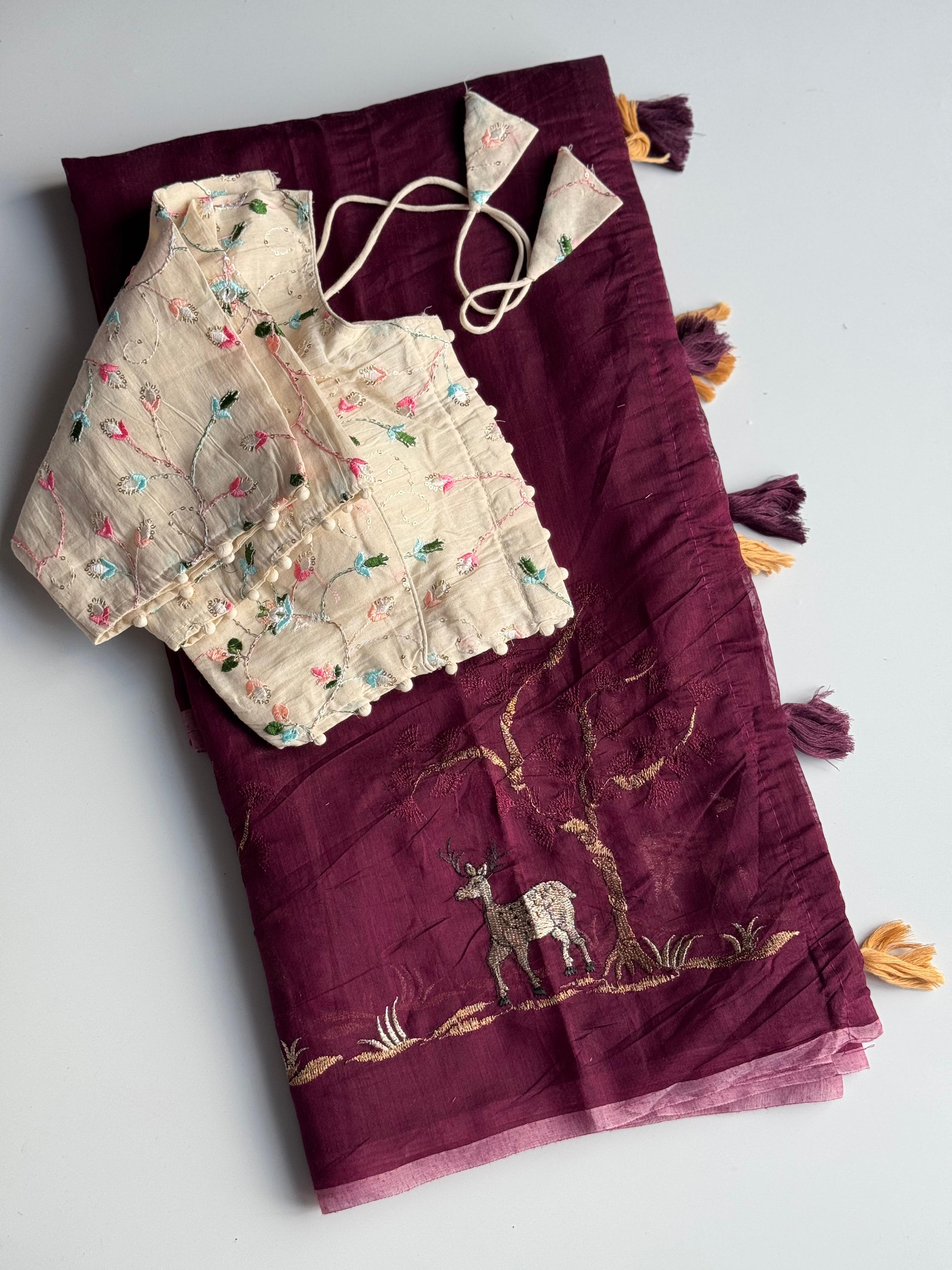 Exuberant Function Wear Chanderi Cotton Embroidery n Tussels Work Fancy Designer Saree With Stitched Blouse