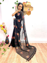 Load image into Gallery viewer, New Party Wear Black Color Chiffon Embroidery With Tussels Work Designer Saree With Blouse
