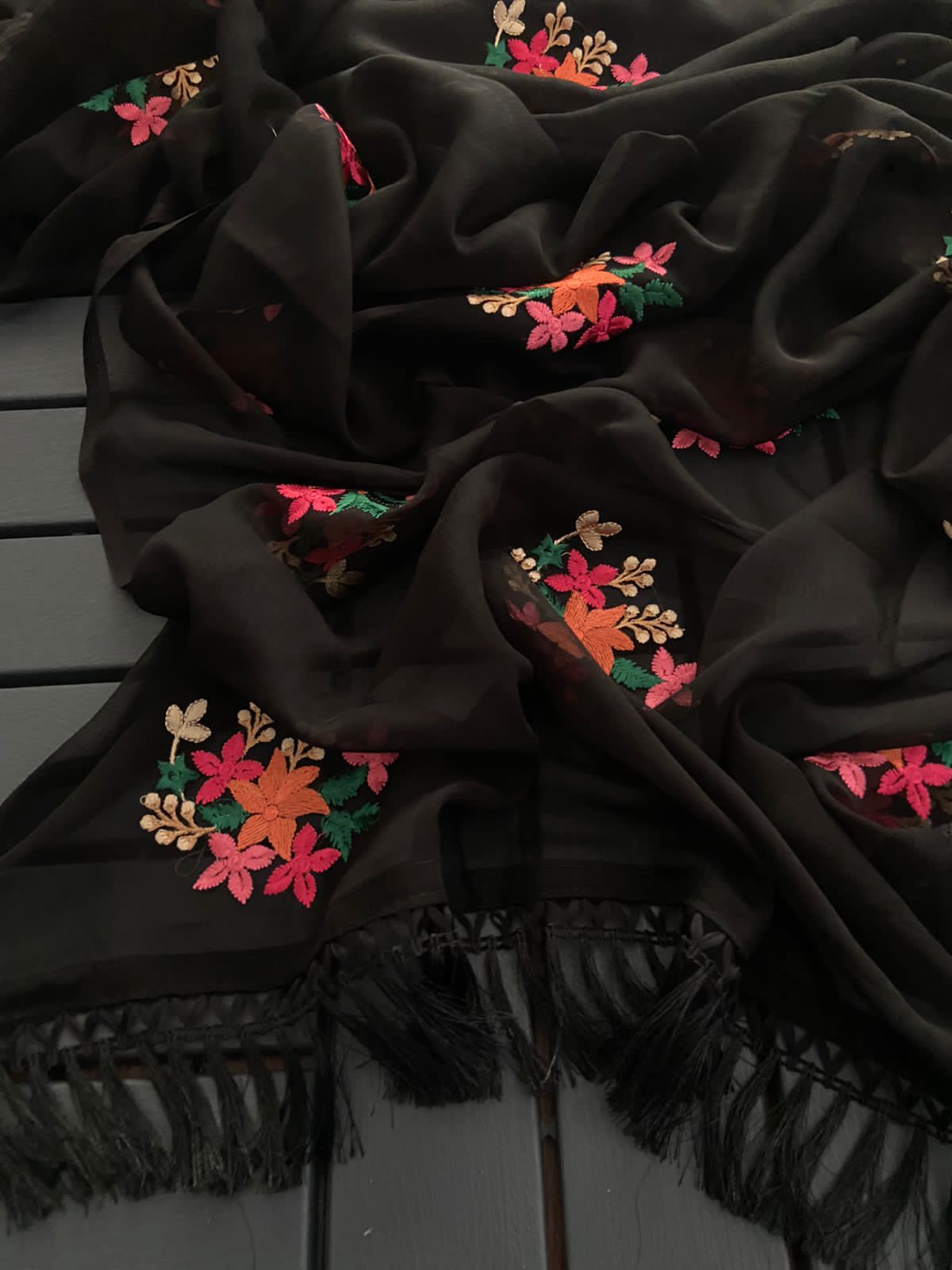 New Party Wear Chiffon Embroidery With Tussels Work Designer Saree With Blouse