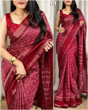 Load image into Gallery viewer, Kalamkari Print Saree With Sequin &amp; Zari Boder &amp; Tussles in Pallu With Printed Blouse
