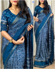 Load image into Gallery viewer, Kalamkari Print Saree With Sequin &amp; Zari Boder &amp; Tussles in Pallu With Printed Blouse
