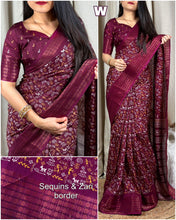 Load image into Gallery viewer, New Kalamkari Print Saree With Sequin &amp; Zari Boder &amp; Tussles in Pallu With Printed Blouse
